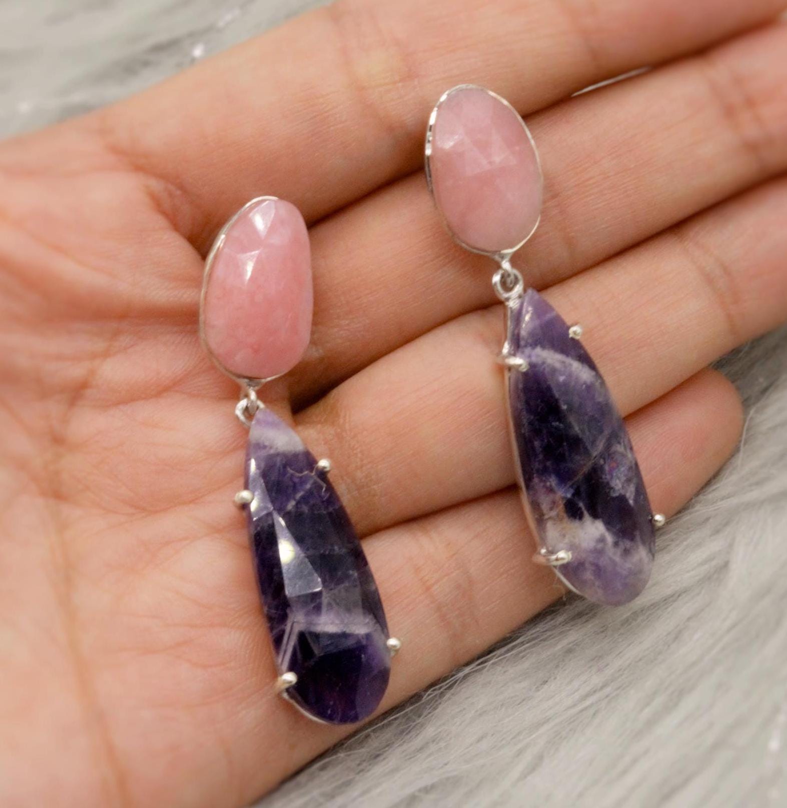 Pink Opal, Purple Amethyst Silver Earrings, February, October Birthstone, Dangle Drop Earrings, Birthday Gift For Her, Blue Peacock Earrings