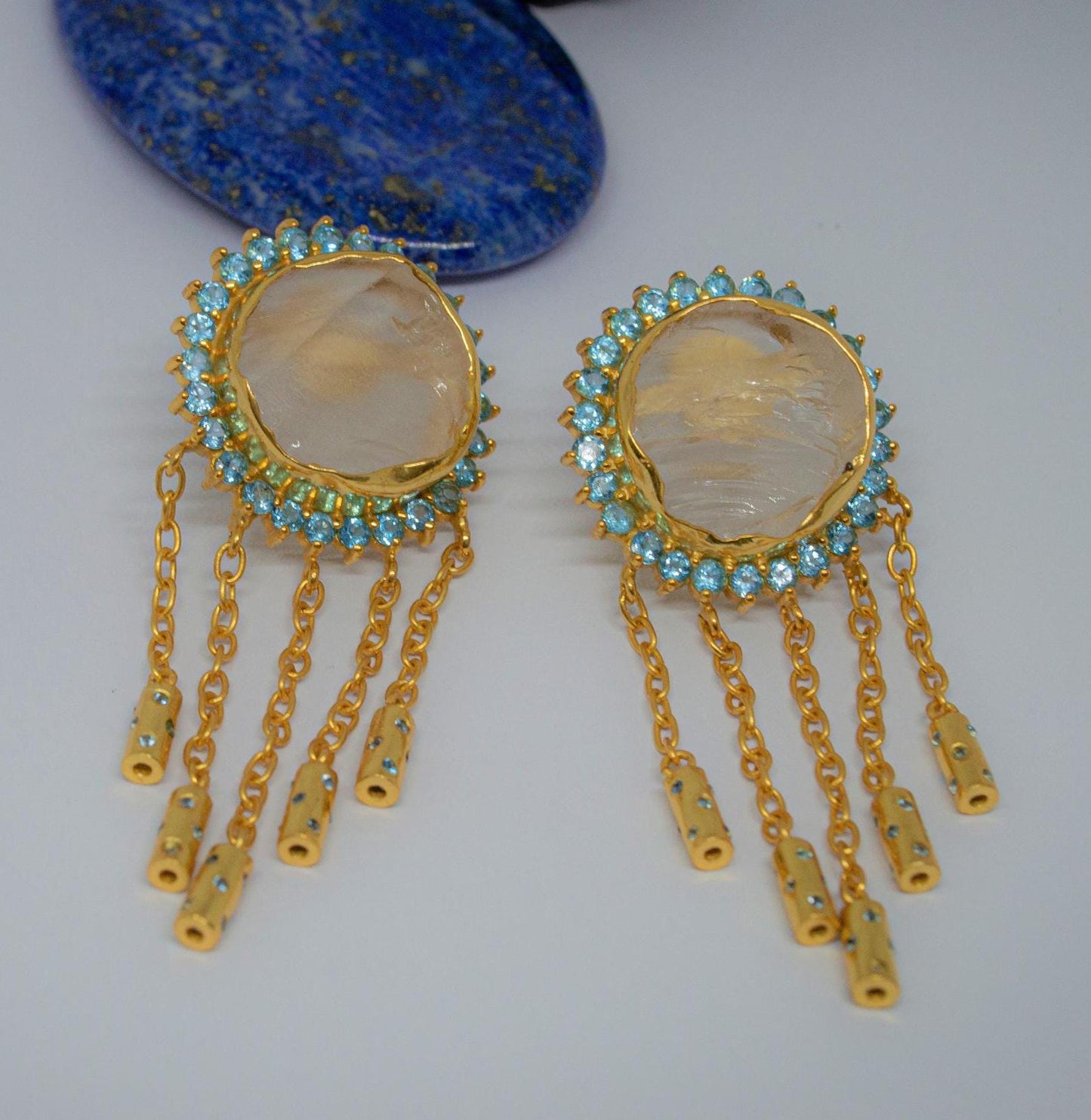 Blue Topaz, Clear Quartz Gold Earrings, Clear Quartz Jewelry, Unique Crystal Statement Jhumka Earrings, December Birthstone, Gifts For Her