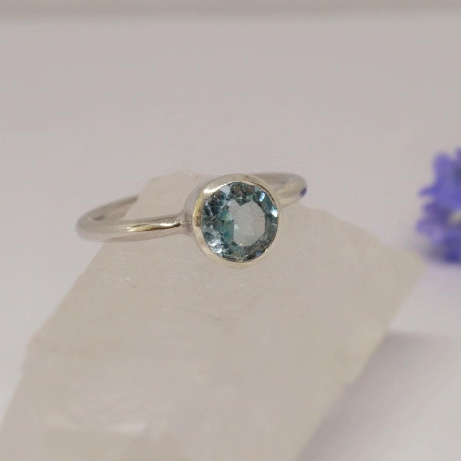 Blue Topaz Ring In 925 Sterling Silver, Unique Dainty Gem Ring, Statement Rings For Women, UK size O, December Birthstone, Gift For Her