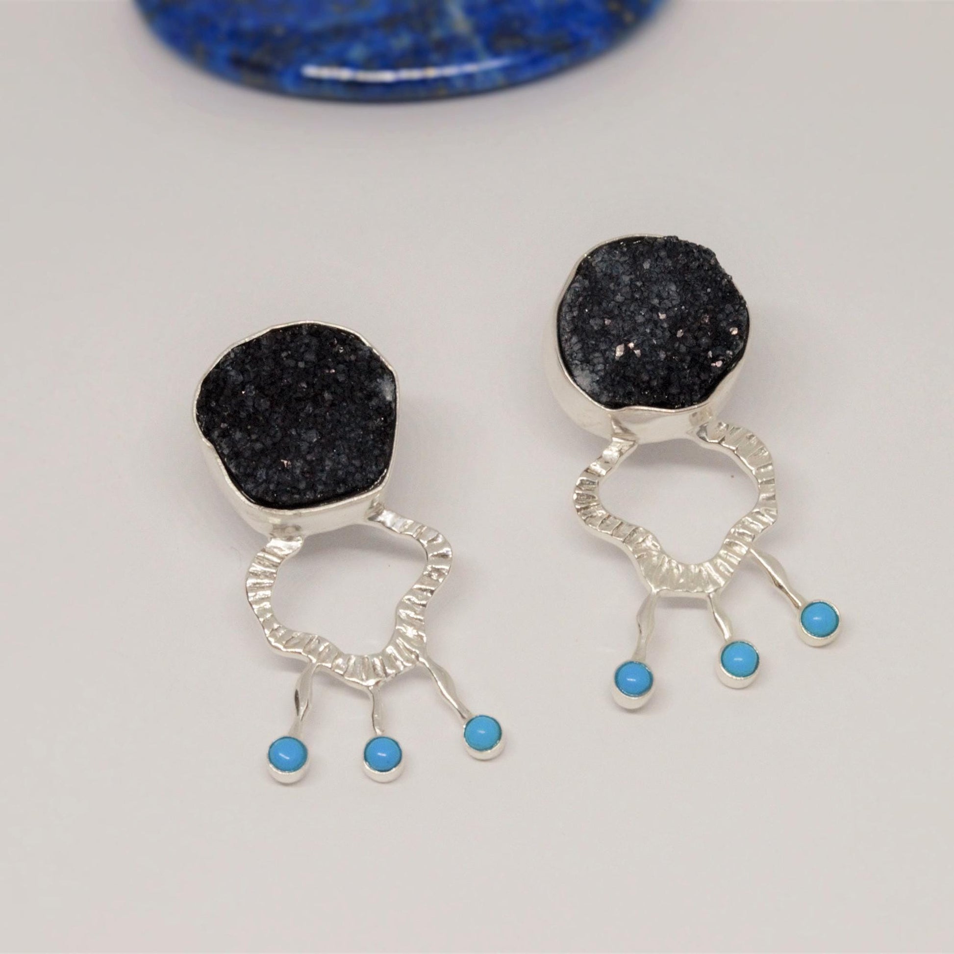 Black Agate, Turquoise Silver Earrings, Unique Black Druzy Earrings, Turquoise Jewelry, December Birthstone, Unique Statement Earrings