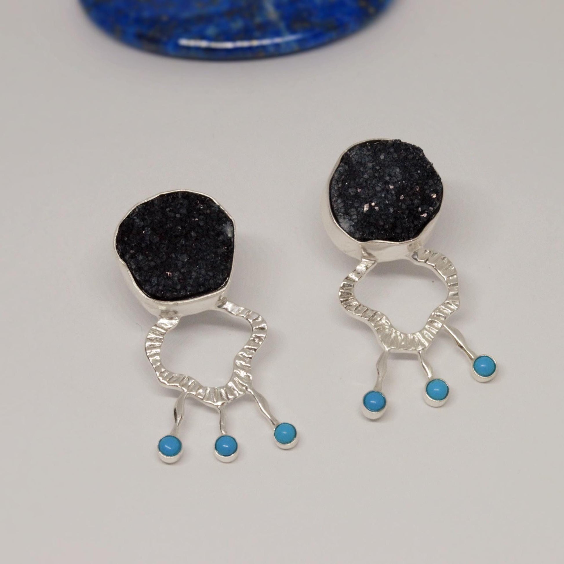 Black Agate, Turquoise Silver Earrings, Unique Black Druzy Earrings, Turquoise Jewelry, December Birthstone, Unique Statement Earrings