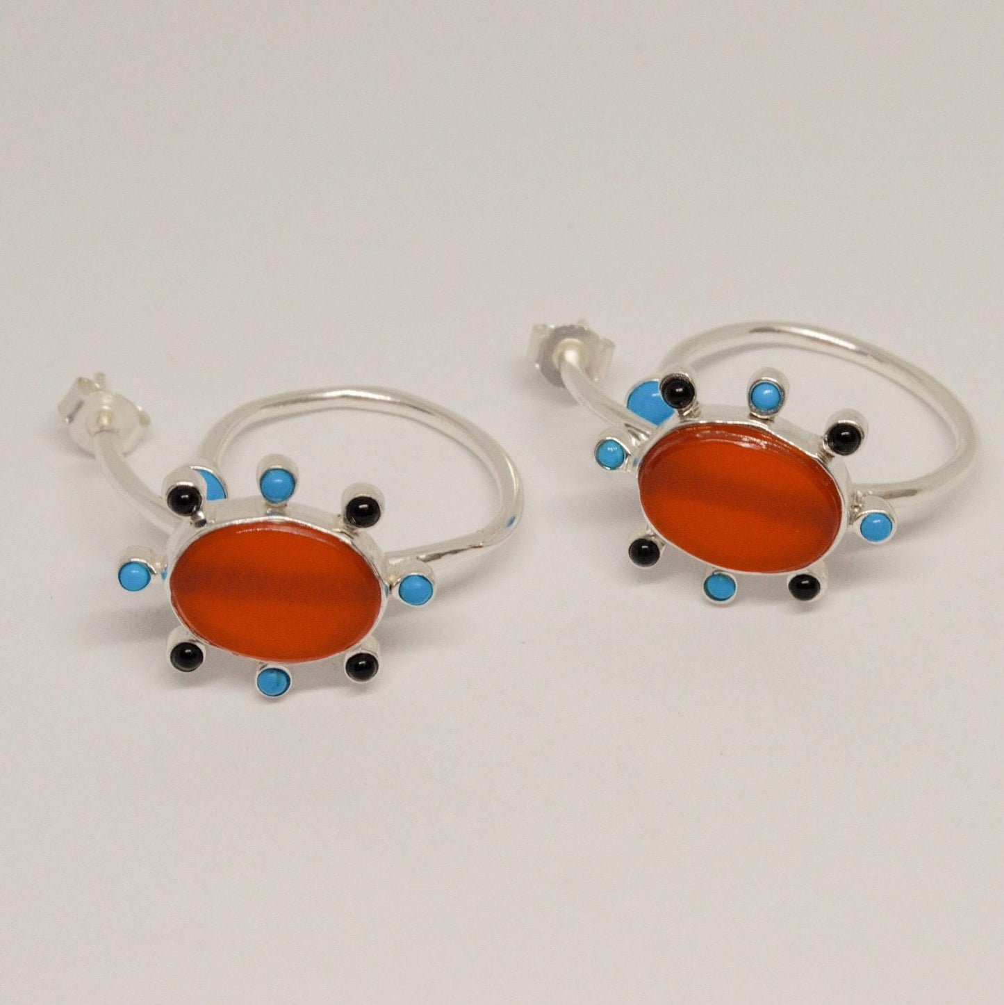 Black Onyx, Turquoise, Carnelian Earrings, Sterling Silver, Turquoise Birthstone Jewelry, Unique Gemstone Earrings, Gift for her