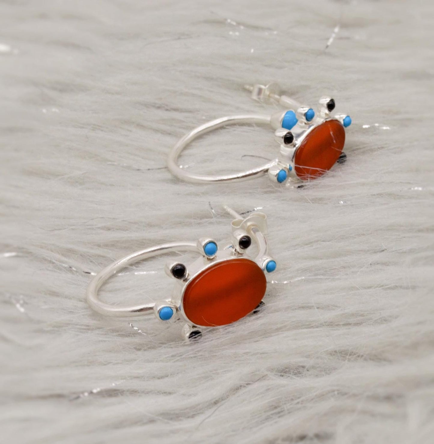 Black Onyx, Turquoise, Carnelian Earrings, Sterling Silver, Turquoise Birthstone Jewelry, Unique Gemstone Earrings, Gift for her