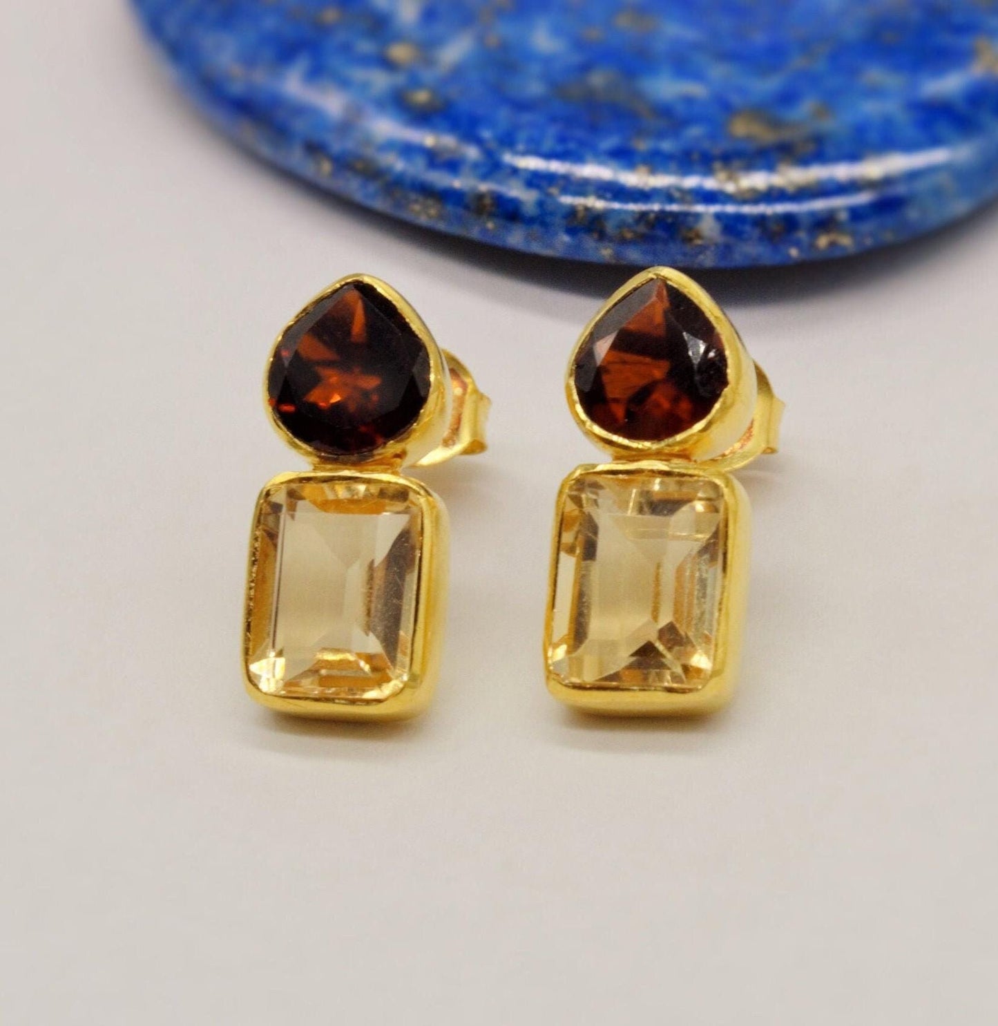 Garnet Citrine Gold Stud Earrings, Unique Gold Plated Sterling Silver Earrings, January, November Birthstone, Birthday Gifts For Her