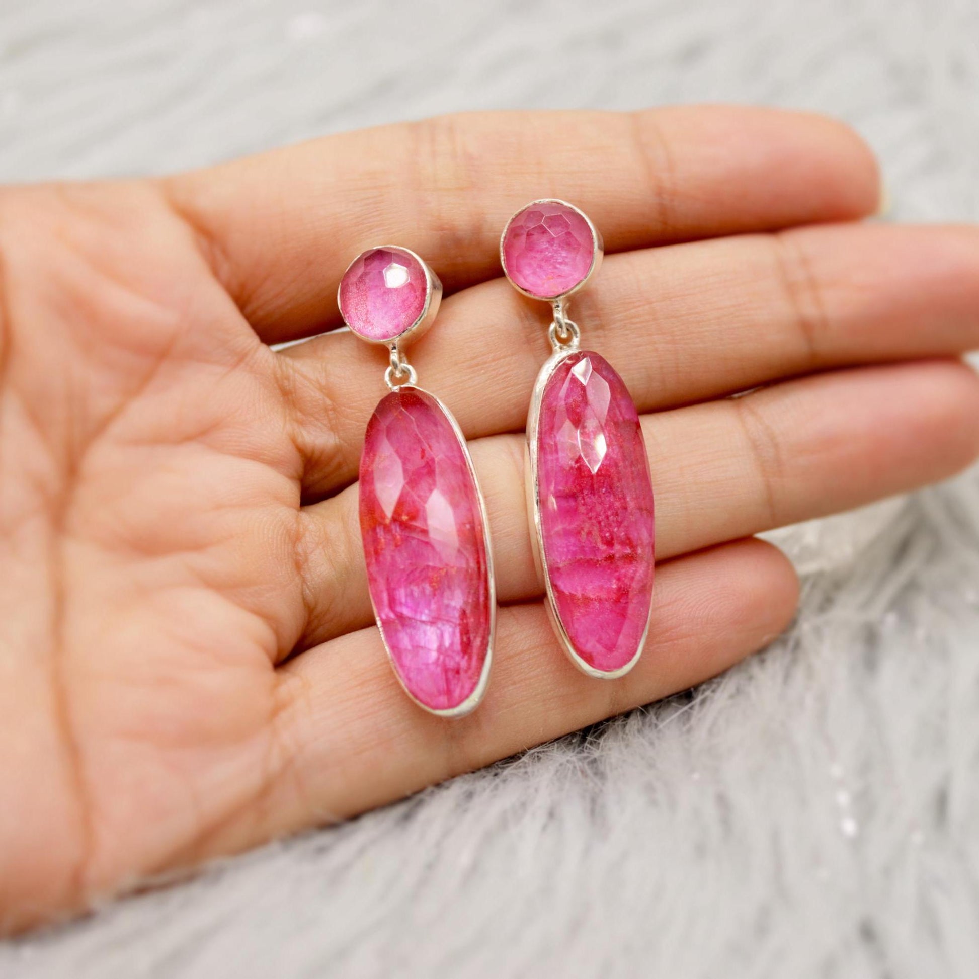 Pink Dyed Sillimanite Silver Earrings, Unique Handmade Pink Earrings, Sillimanite Jewelry