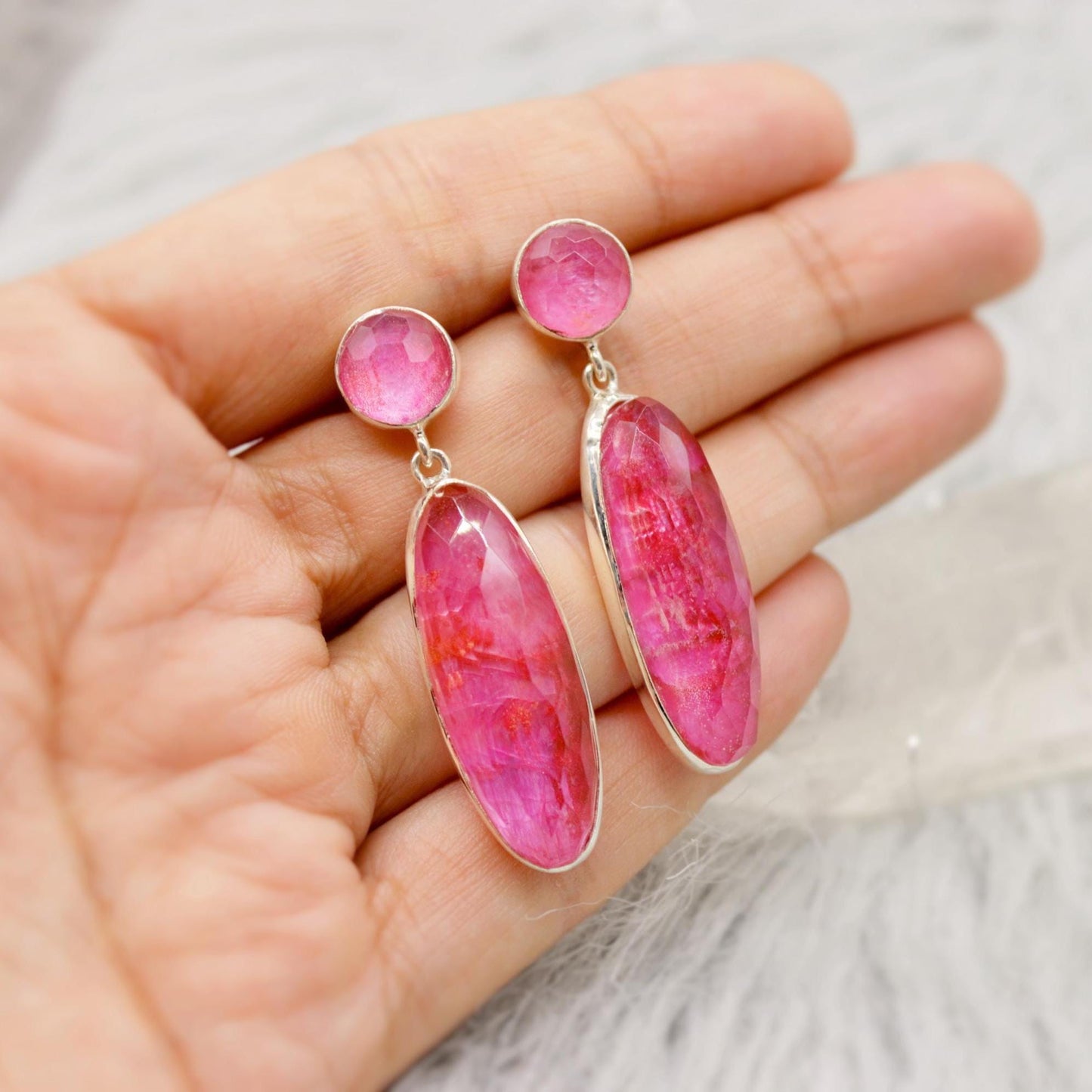 Pink Dyed Sillimanite Silver Earrings, Unique Handmade Pink Earrings, Sillimanite Jewelry