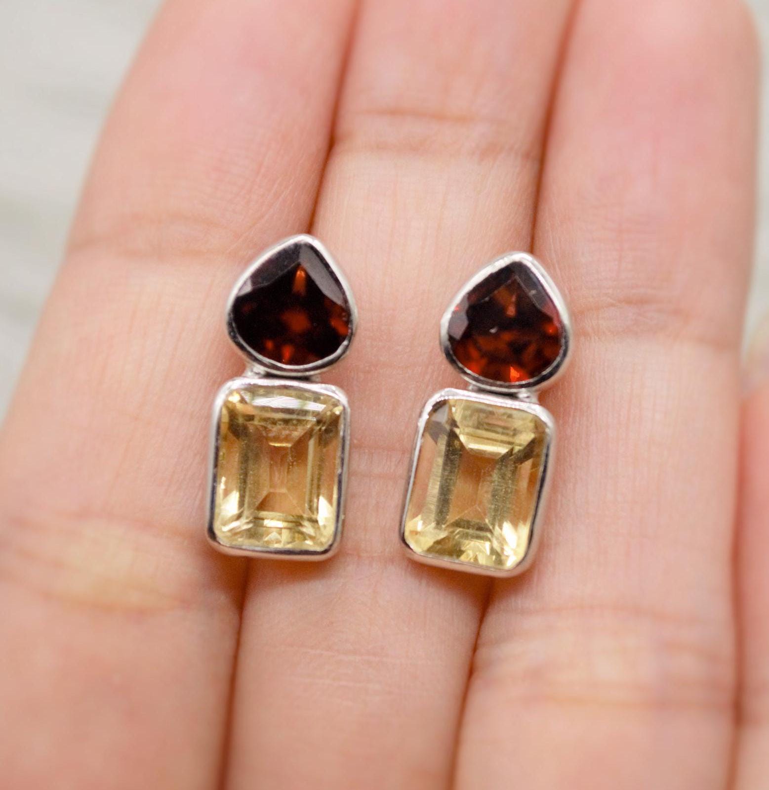 Garnet Citrine Gold Stud Earrings, Unique Gold Plated Sterling Silver Earrings, January, November Birthstone, Birthday Gifts For Her