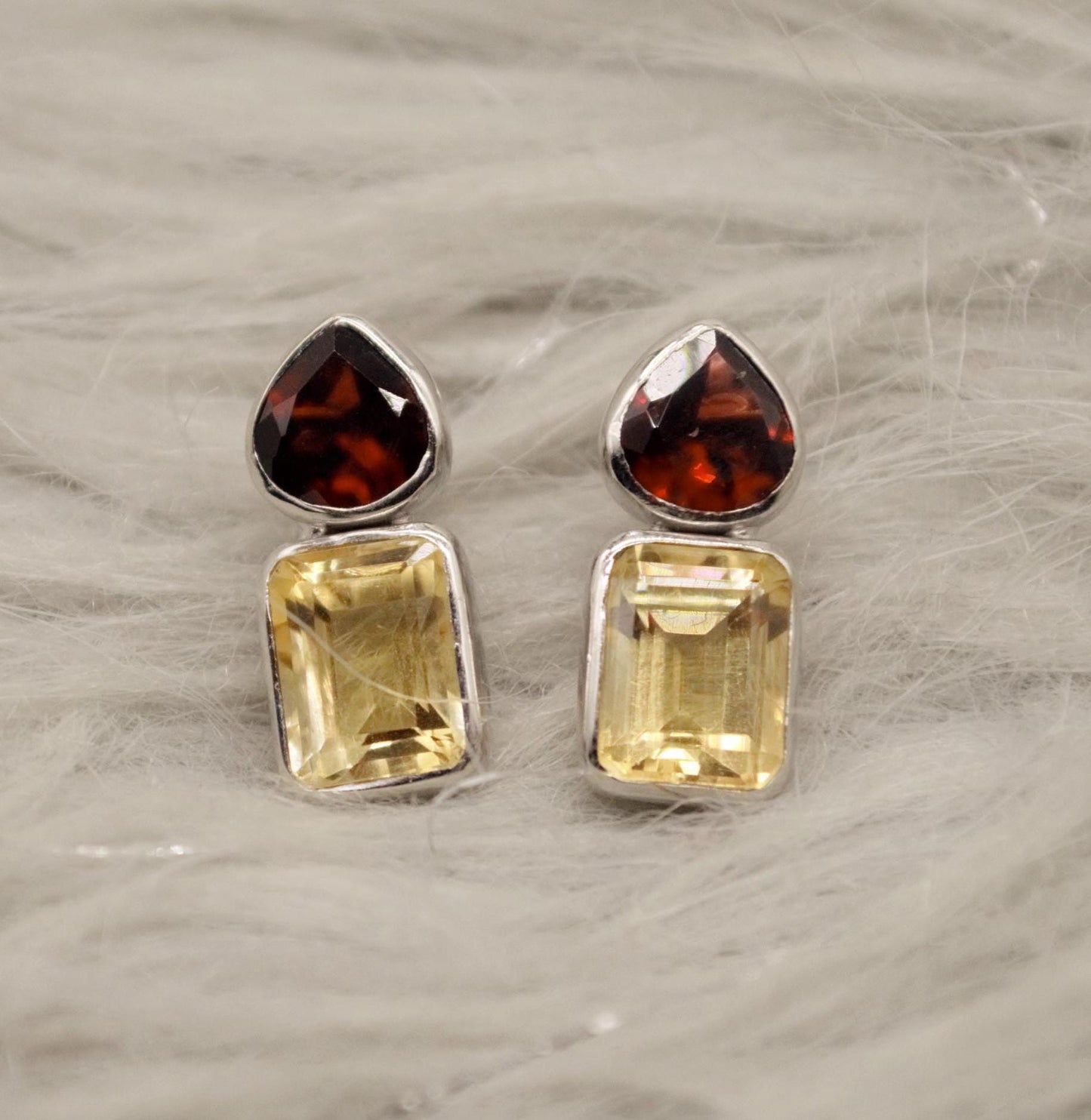 Garnet Citrine Gold Stud Earrings, Unique Gold Plated Sterling Silver Earrings, January, November Birthstone, Birthday Gifts For Her