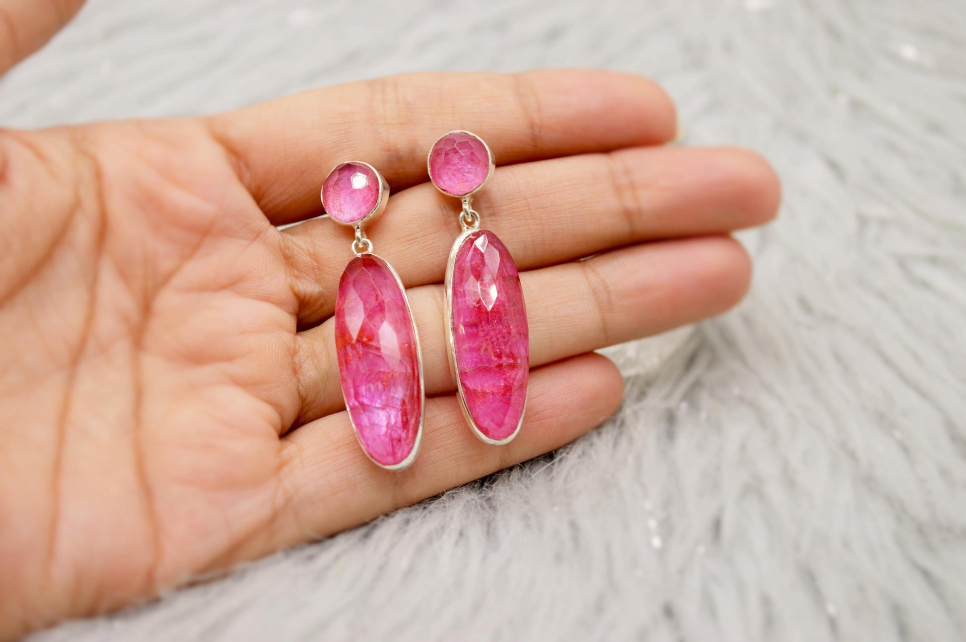 Pink Dyed Sillimanite Silver Earrings, Unique Handmade Pink Earrings, Sillimanite Jewelry