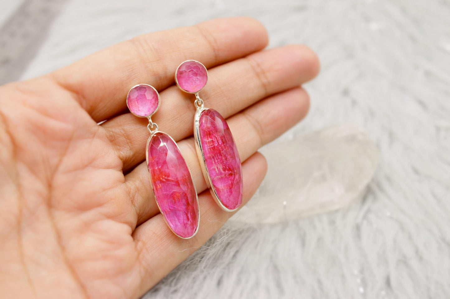 Pink Dyed Sillimanite Silver Earrings, Unique Handmade Pink Earrings, Sillimanite Jewelry