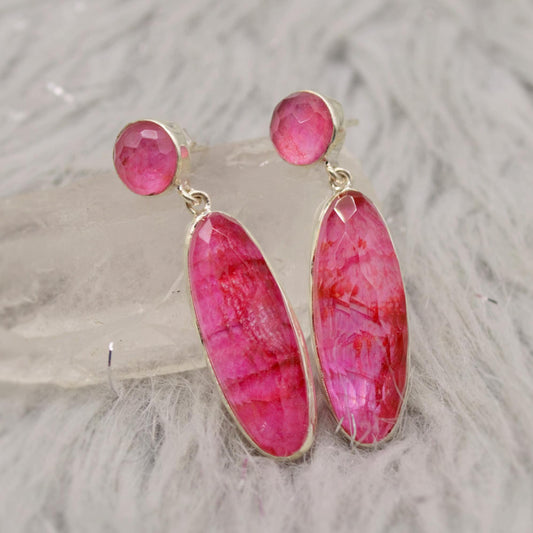 Pink Dyed Sillimanite Silver Earrings, Unique Handmade Pink Earrings, Sillimanite Jewelry