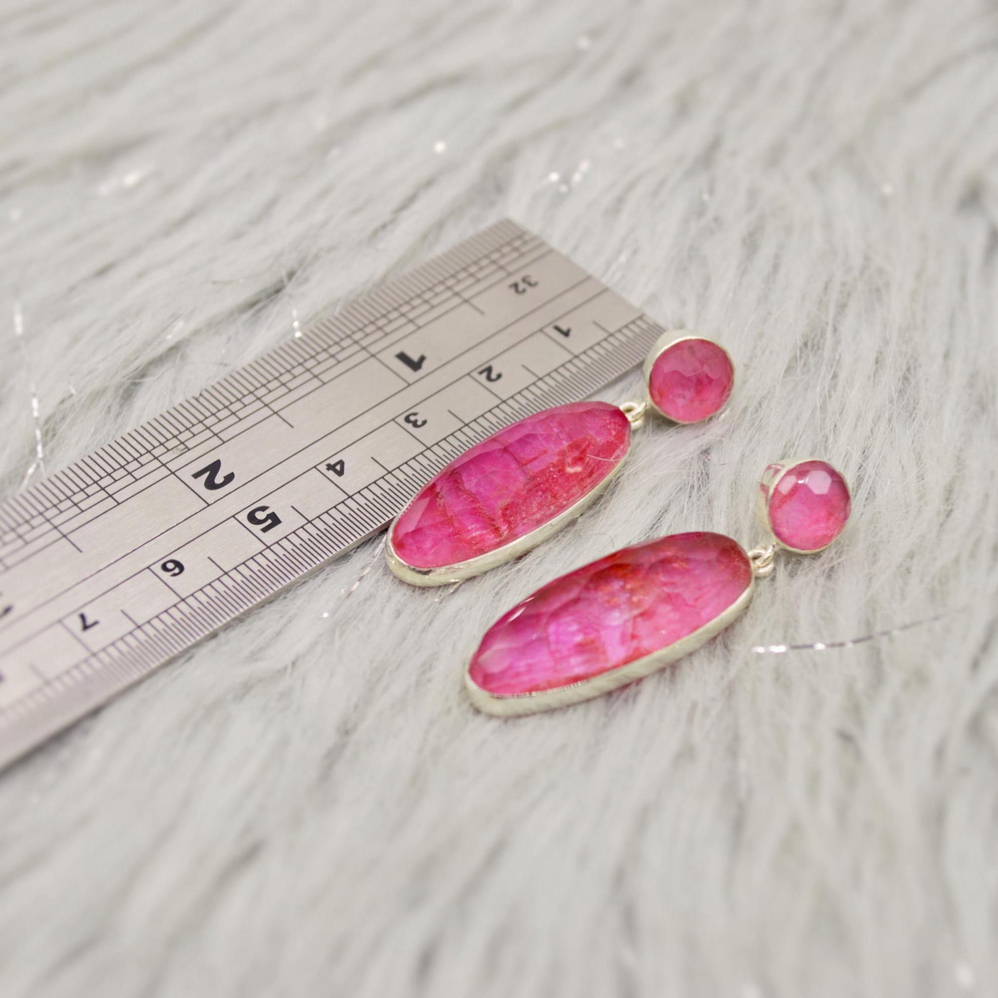 Pink Dyed Sillimanite Silver Earrings, Unique Handmade Pink Earrings, Sillimanite Jewelry