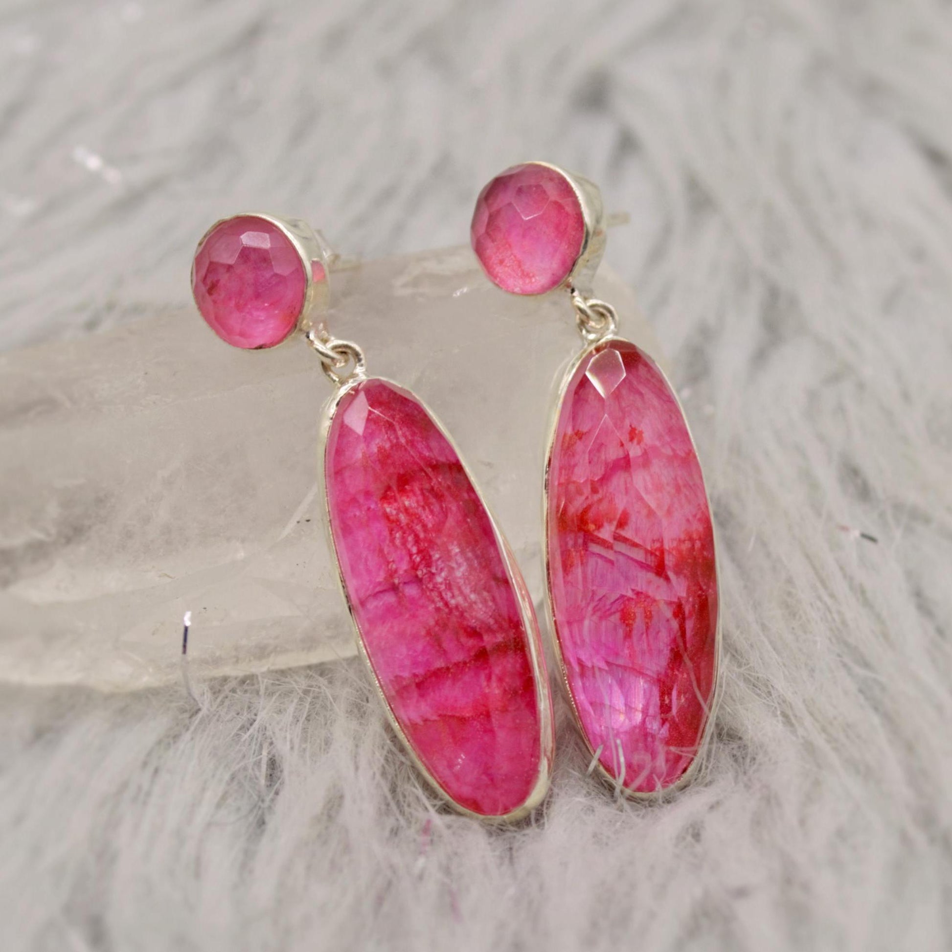 Pink Dyed Sillimanite Silver Earrings, Unique Handmade Pink Earrings, Sillimanite Jewelry