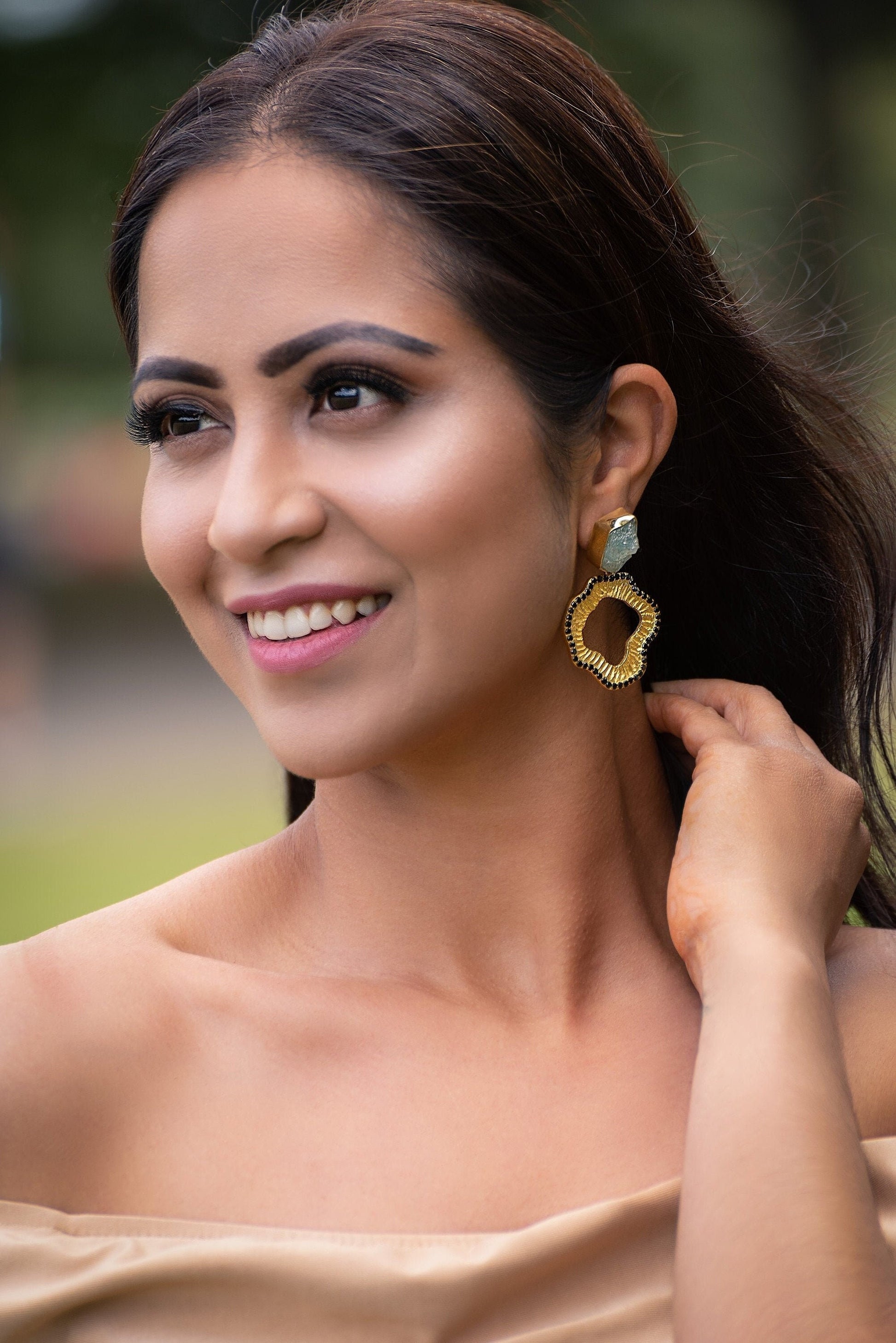 Blue Apatite Black Onyx Gold Earrings, Unique Gemstone Earrings, Dainty Statement Earrings, Gift For Her, Indian Jewelry