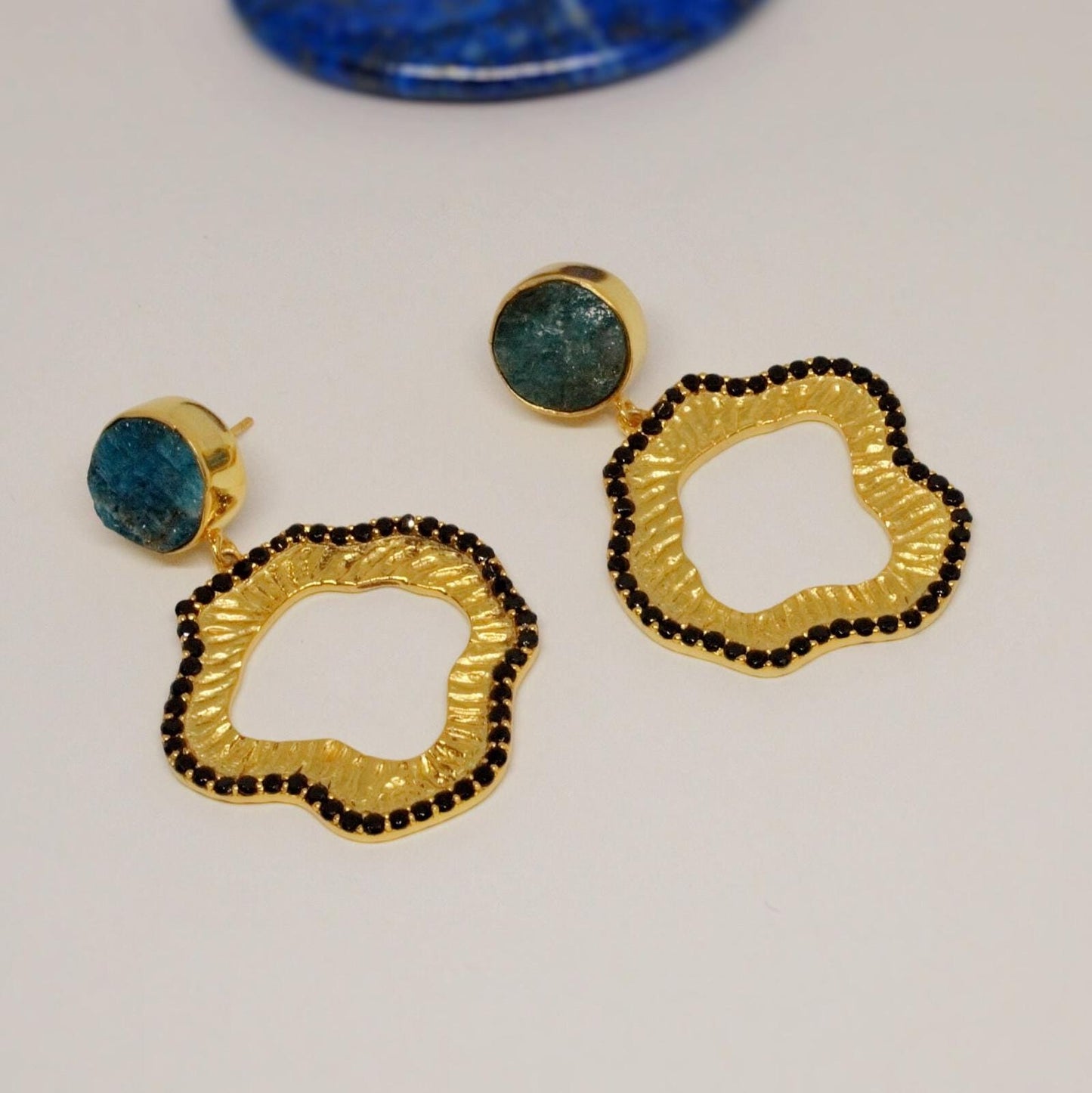 Blue Apatite Black Onyx Gold Earrings, Unique Gemstone Earrings, Dainty Statement Earrings, Gift For Her, Indian Jewelry