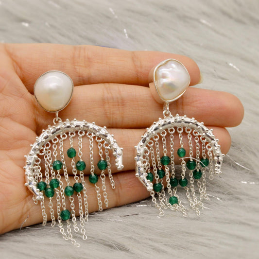 Green Onyx, Pearl Silver Earrings, June Birthstone, Dangle Drop Gemstone Earrings, Pearl Jewelry, Unique Statement Earrings, Gift For Her