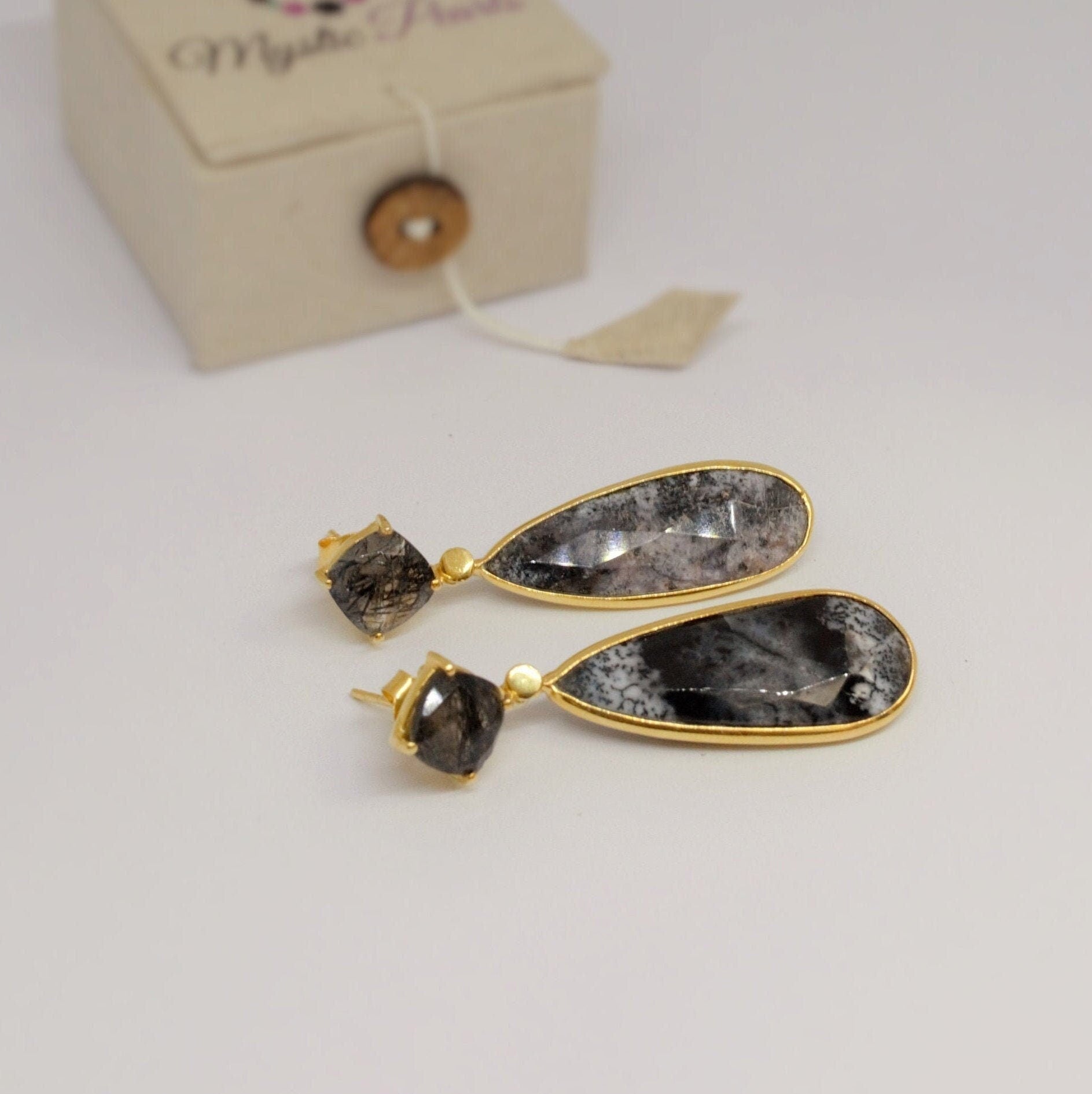 Black Rutilated Quartz Dendritic Opal Earrings, Gold Earrings, Gold Plated Sterling Silver, Gemstone Earrings