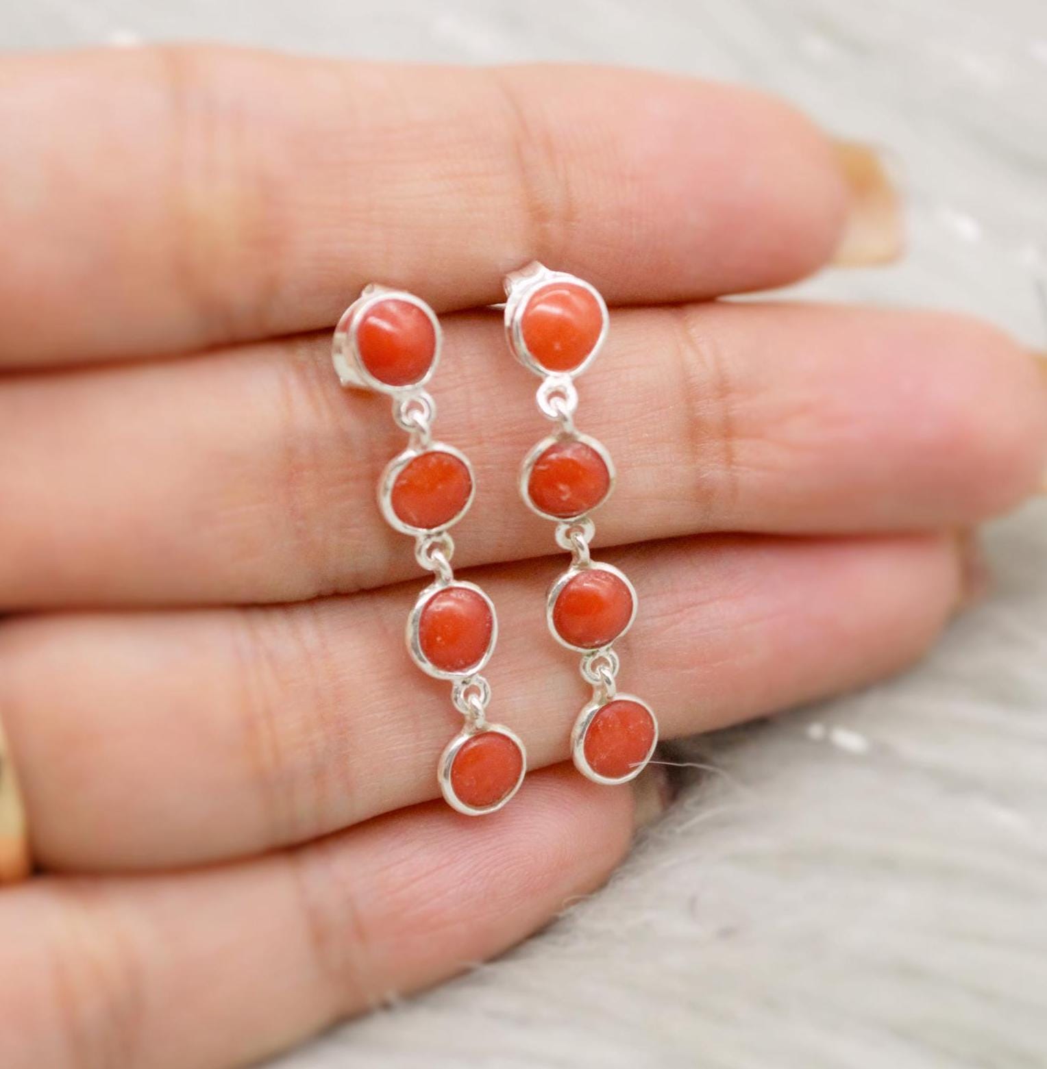 Red Coral Sterling Silver Drop Earrings, Natural Coral Earrings, Unique Dainty Earrings, Red Coral Jewelry, Best Friend Gift For Her,