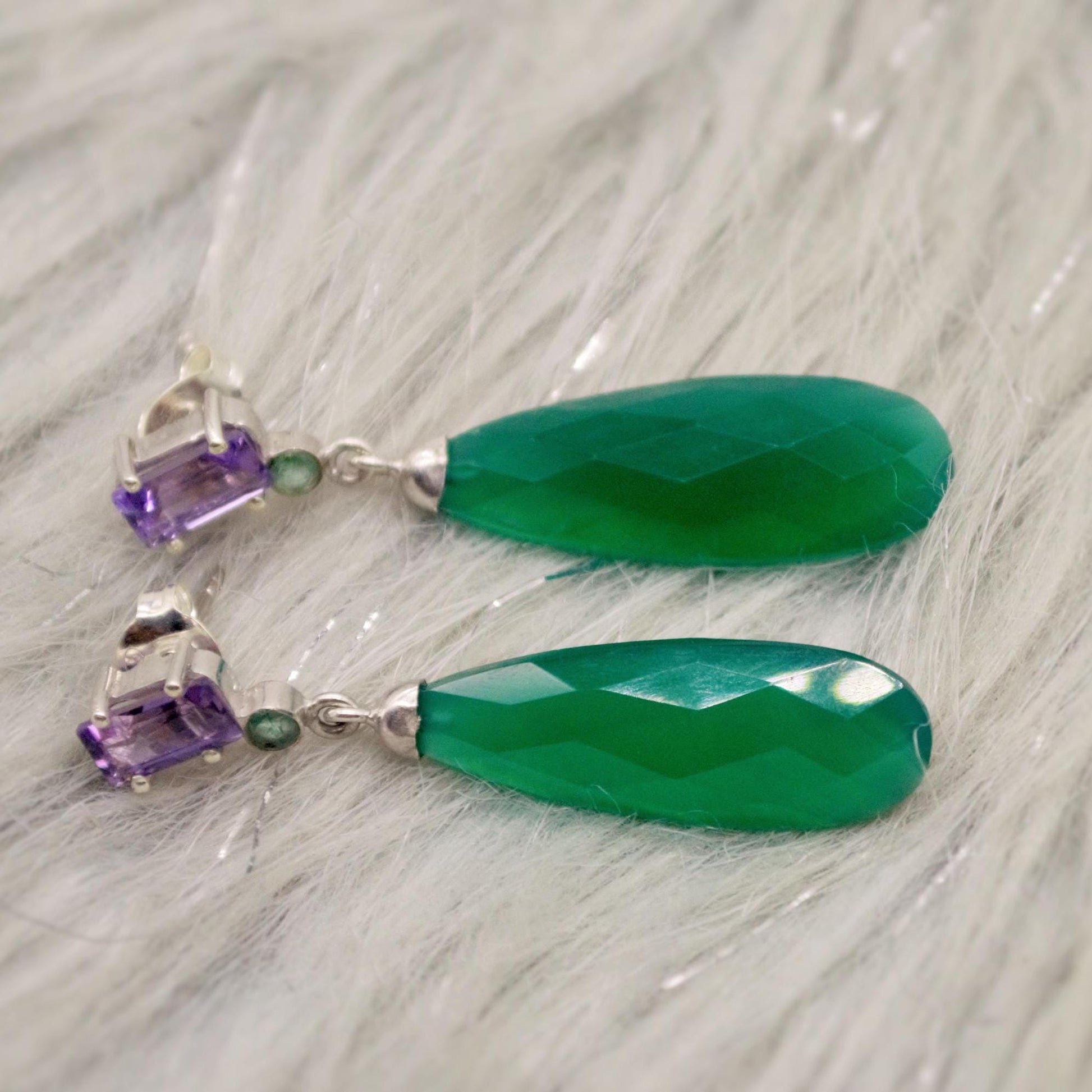 Green Onyx, Amethyst, Emerald Earrings, Sterling Silver Gemstone Earrings, February Birthstone Jewelry, Birthday Gifts For Her, Bridesmaid