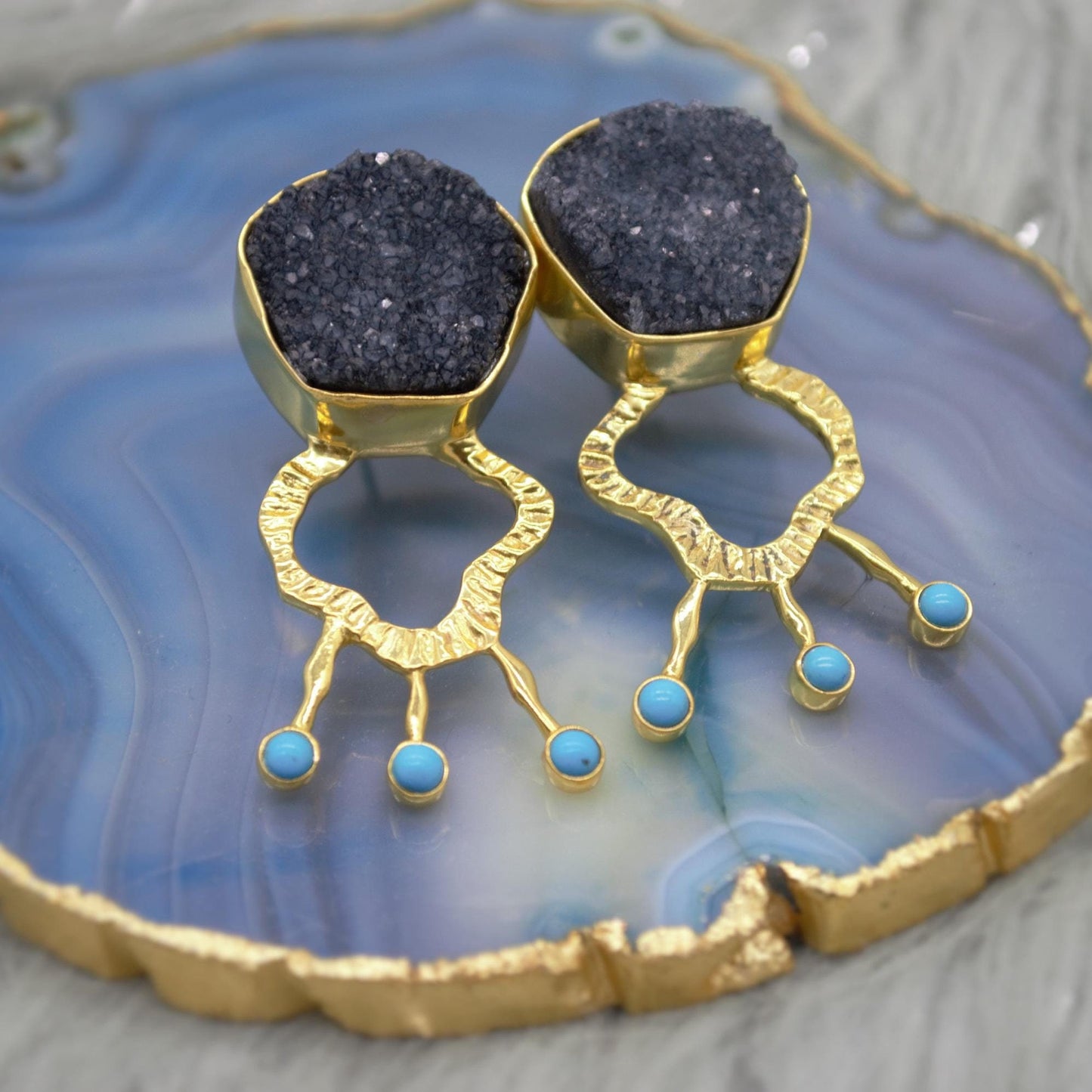 Black Agate, Turquoise Gold Earrings, December Birthstone, Unique Black Druzy Earrings, Turquoise Jewelry, Birthday Gifts For Her