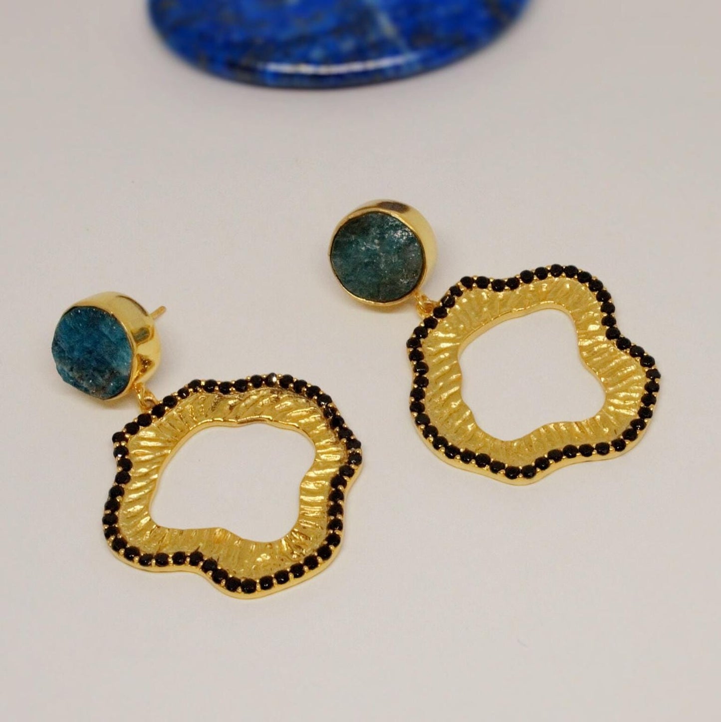 Blue Apatite Black Onyx Gold Earrings, Unique Gemstone Earrings, Dainty Statement Earrings, Gift For Her, Indian Jewelry