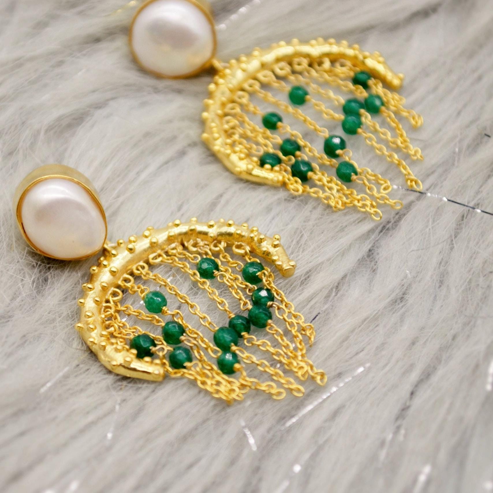 Green Onyx, Pearl Gold Drop Earrings, June Birthstone Jewelry, Statement Unique Earrings, Jhumka Earrings, Gifts For Her, Birthday Gift