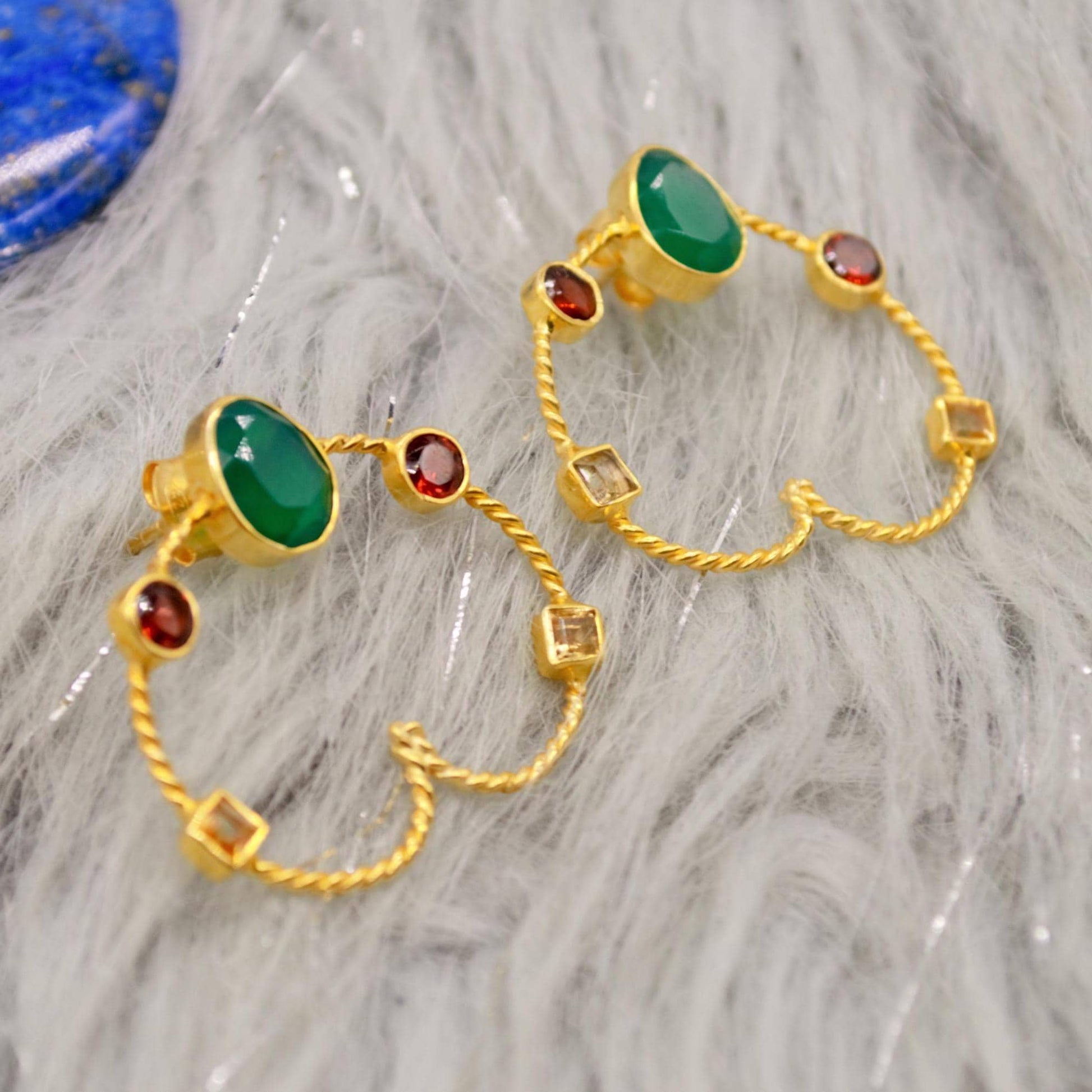 Green Onyx, Garnet, Citrine Hoop Earrings, Gold Earrings, Sterling Silver Gemstone Earrings, January, November Birthstone Earrings