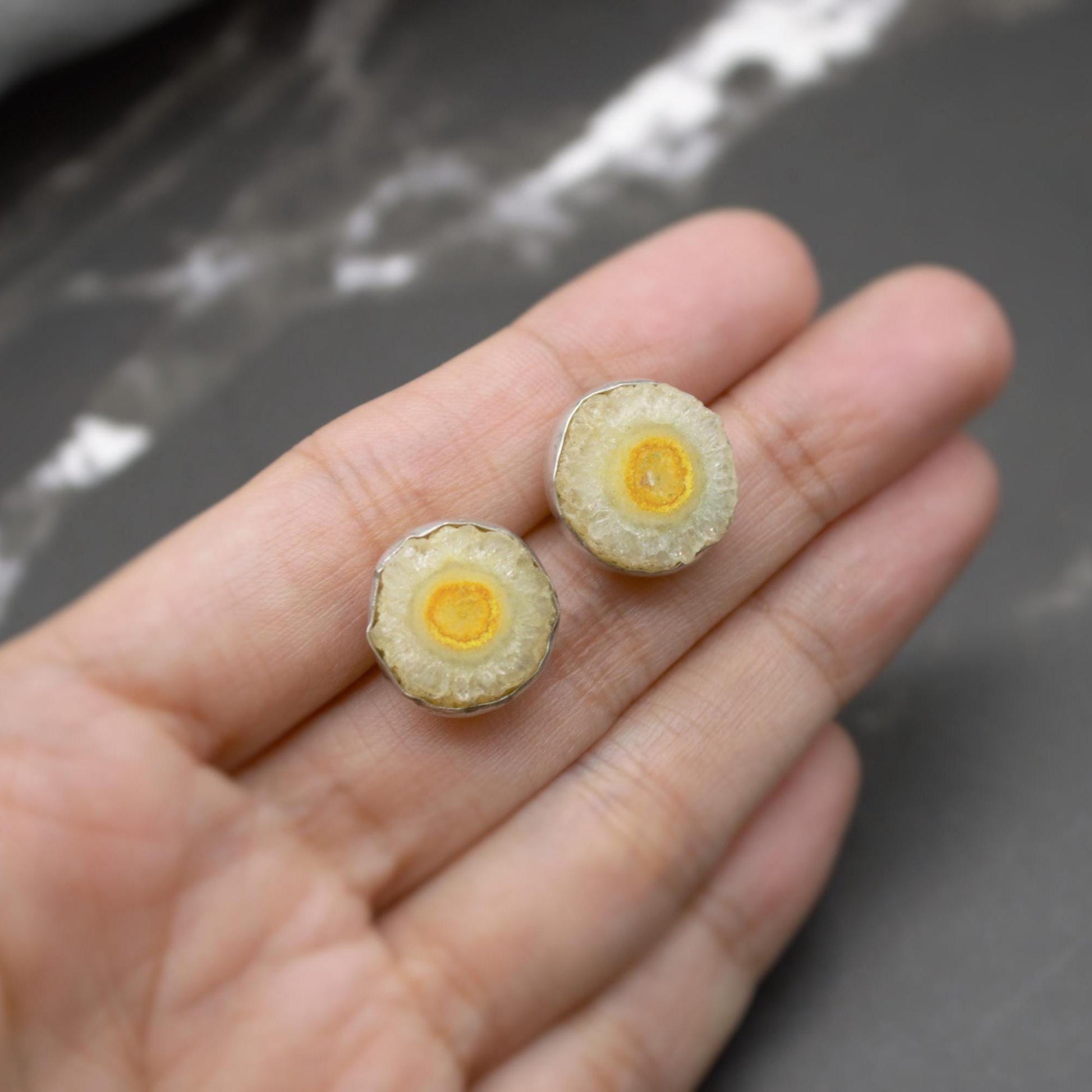 Yellow Druzy Agate Silver Stud Earrings Set, Gemstone Studs, Sterling Silver Dainty Studs, Minimalist Earrings, Gifts For Her