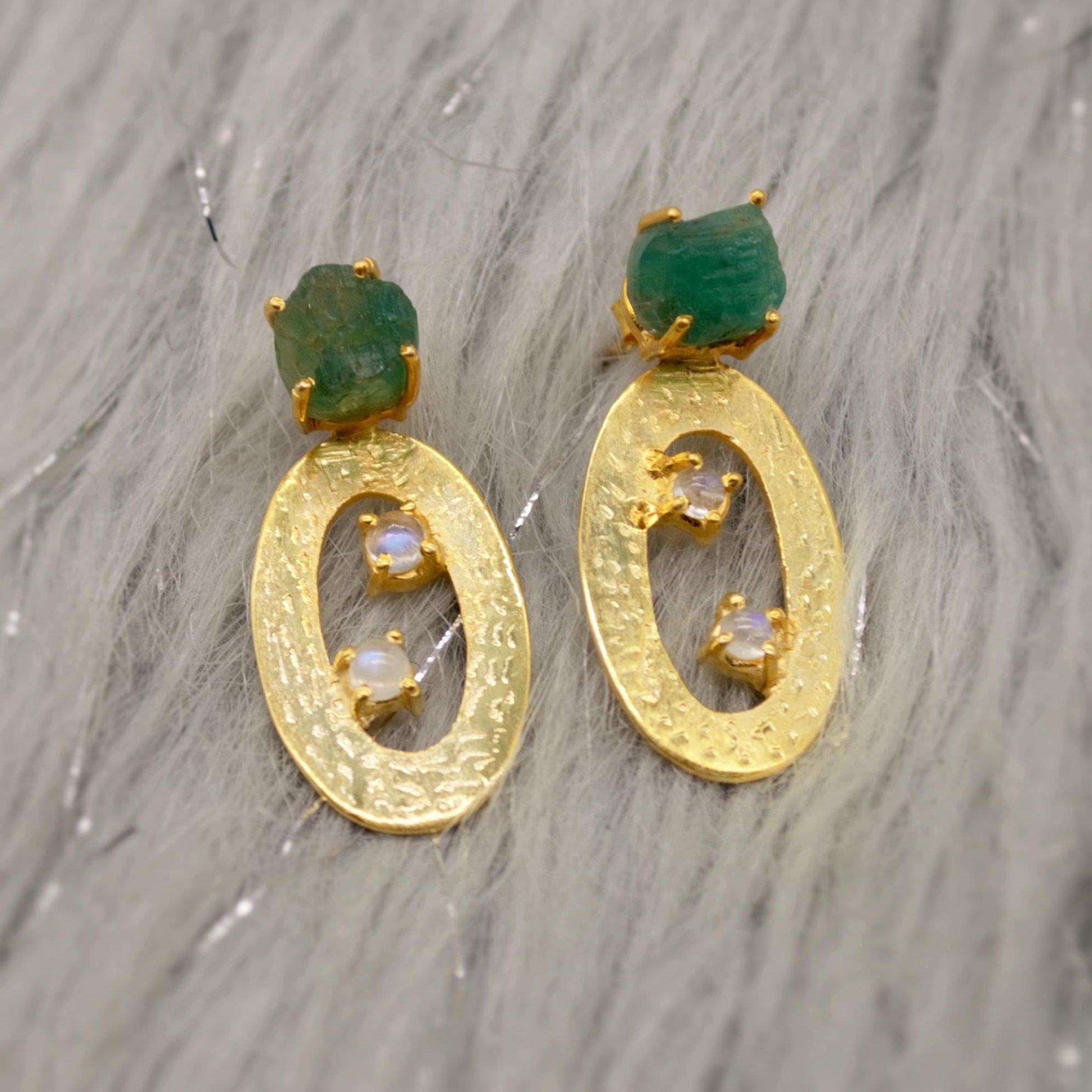 Raw Green Emerald Earrings, Opal Gold Earrings, Sterling Silver Drop Earrings, May Birthstone Jewelry, Opal Jewelry, Gemstone Earrings