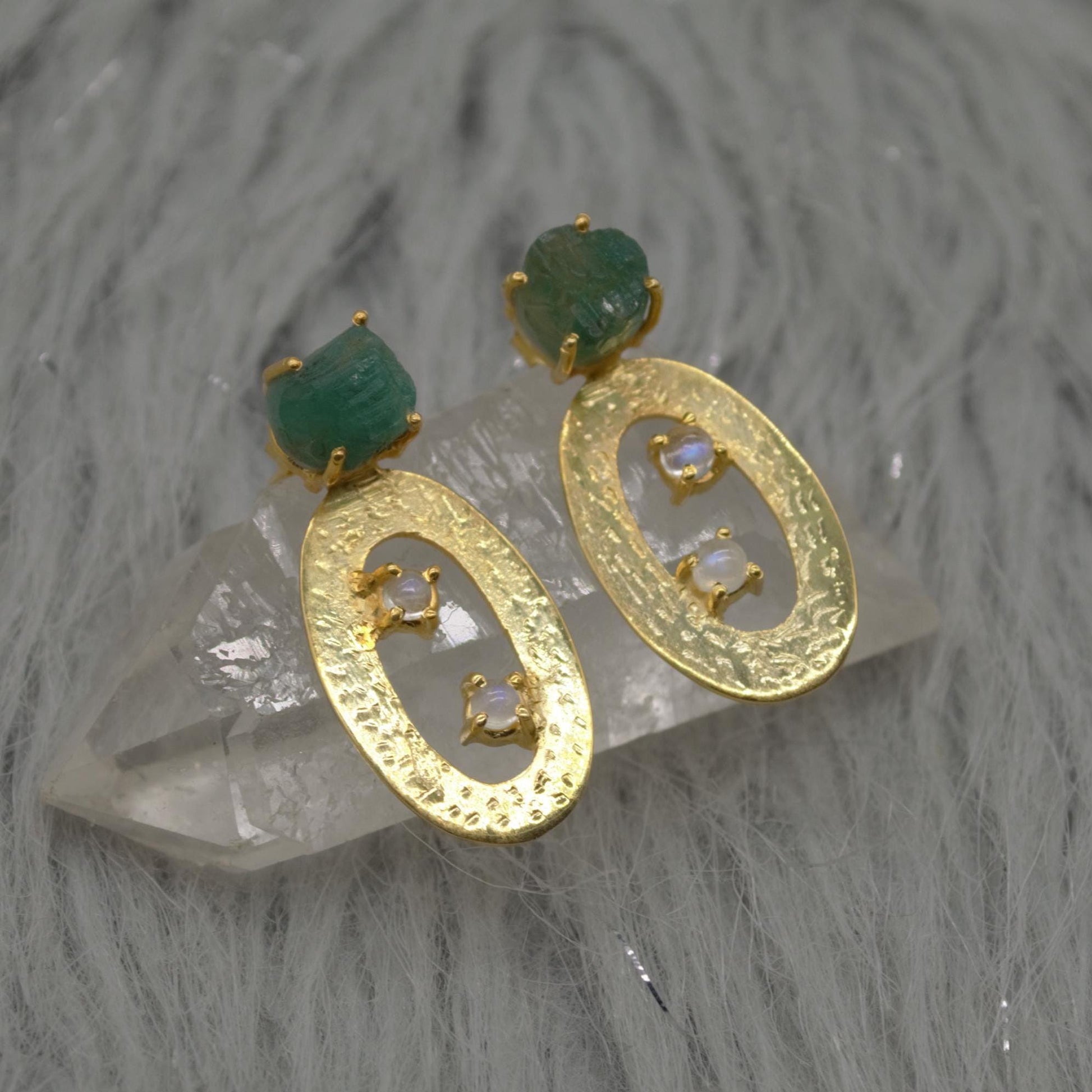 Raw Green Emerald Earrings, Opal Gold Earrings, Sterling Silver Drop Earrings, May Birthstone Jewelry, Opal Jewelry, Gemstone Earrings