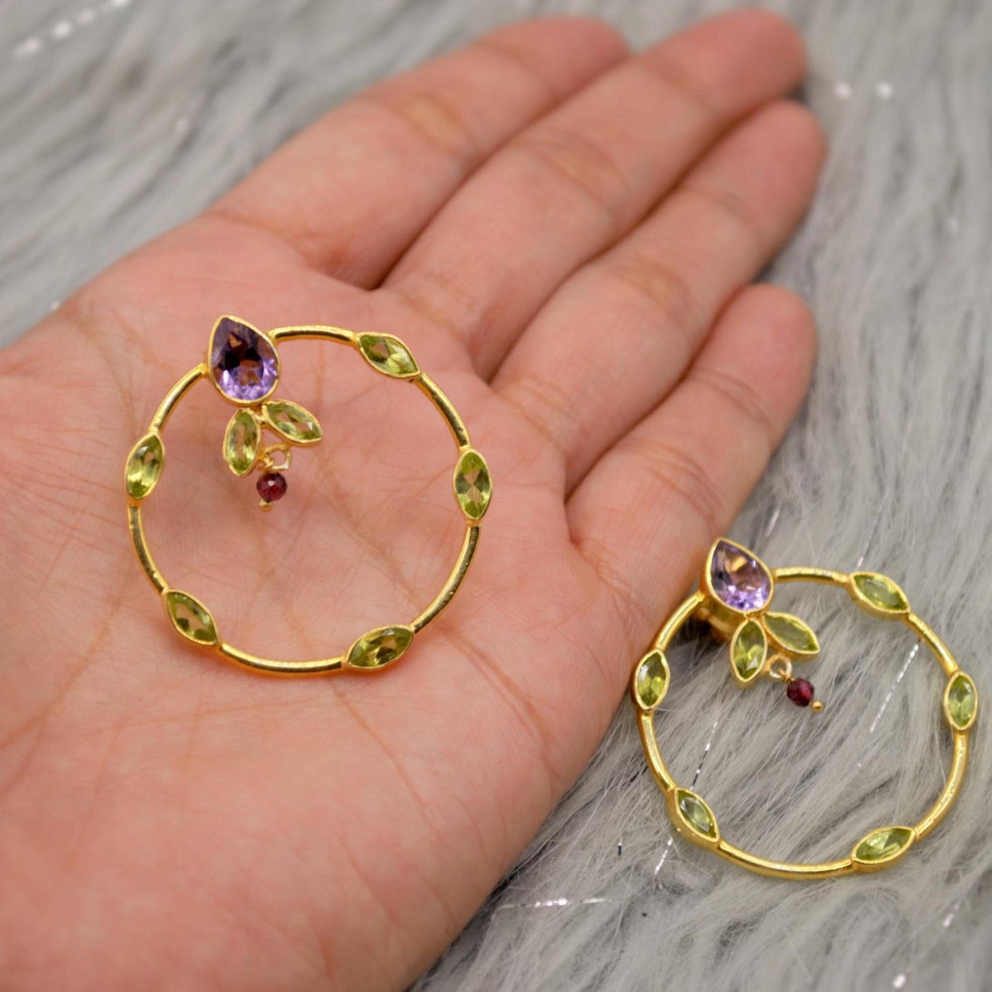 Amethyst, Peridot, Gold Hoop Earrings, Sterling Silver Drop Earrings, February, August Birthstone Earrings, Unique Peridot Jewelry