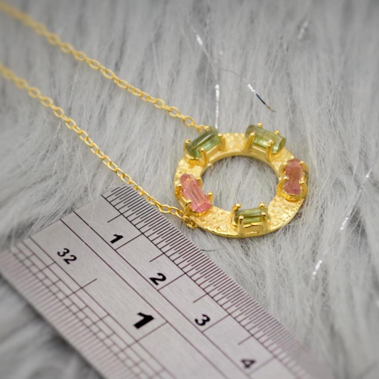 Green, Pink Tourmaline Gold Necklace, Sterling Silver Gemstone Necklace, Chain Necklace For Women, October Birthstone, Tourmaline Pendant