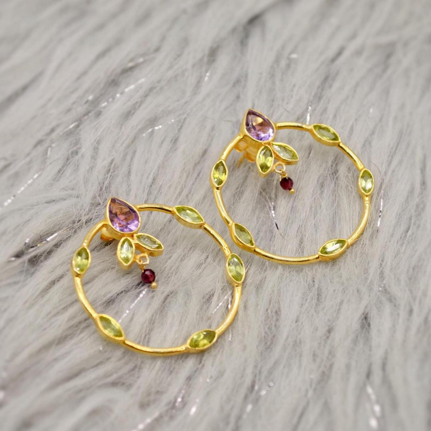 Amethyst, Peridot, Gold Hoop Earrings, Sterling Silver Drop Earrings, February, August Birthstone Earrings, Unique Peridot Jewelry