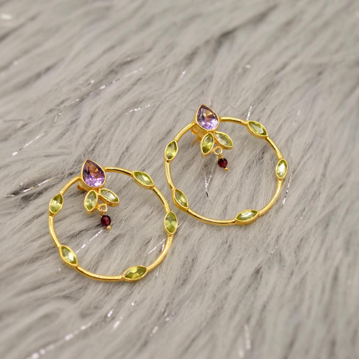 Amethyst, Peridot, Gold Hoop Earrings, Sterling Silver Drop Earrings, February, August Birthstone Earrings, Unique Peridot Jewelry