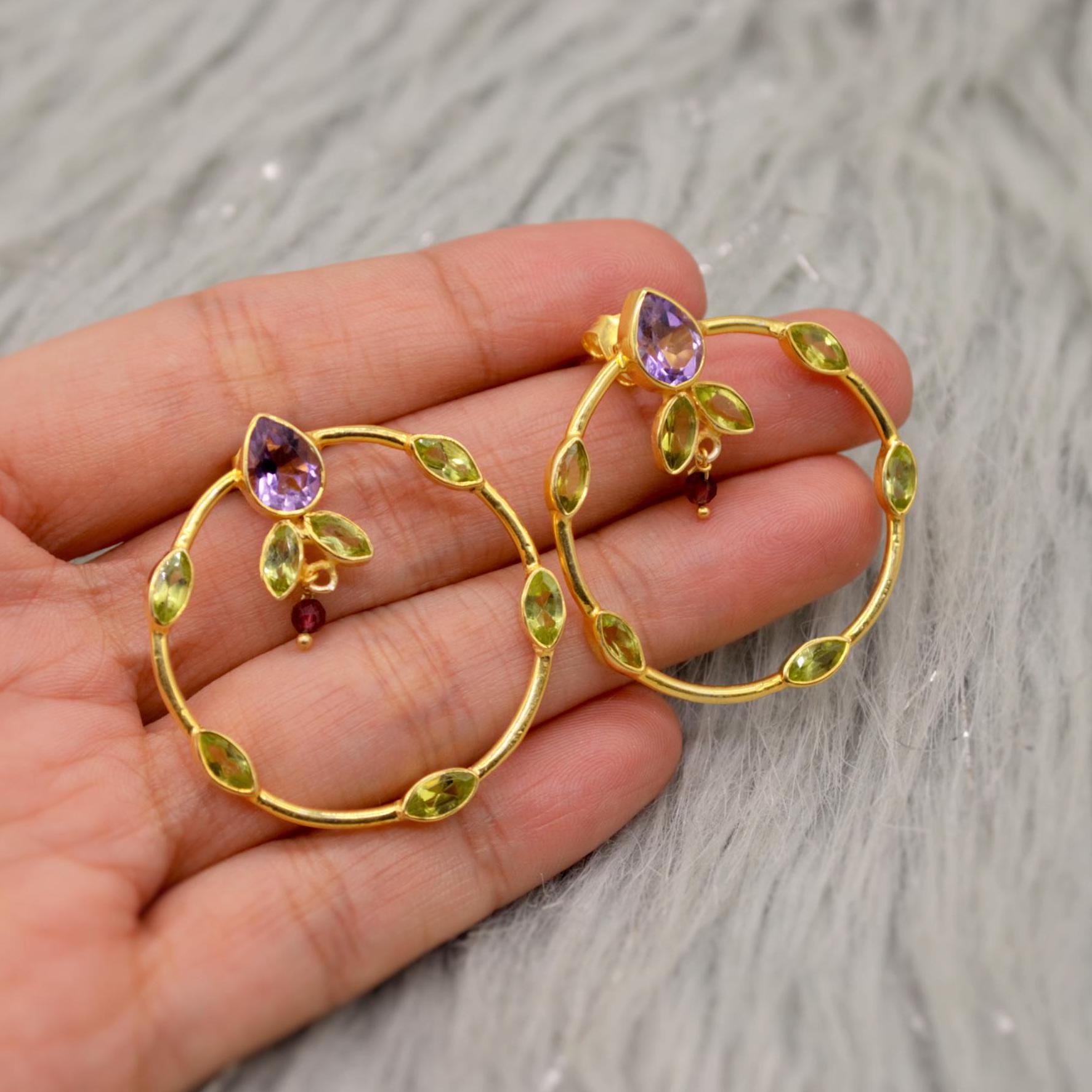 Amethyst, Peridot, Gold Hoop Earrings, Sterling Silver Drop Earrings, February, August Birthstone Earrings, Unique Peridot Jewelry