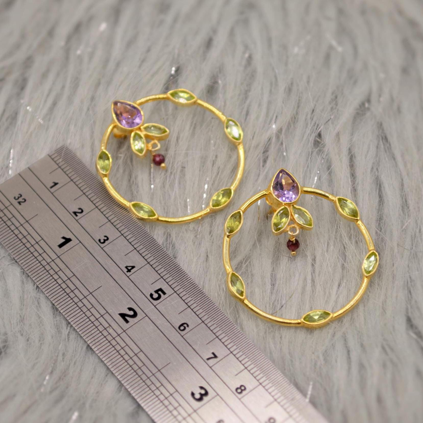 Amethyst, Peridot, Gold Hoop Earrings, Sterling Silver Drop Earrings, February, August Birthstone Earrings, Unique Peridot Jewelry