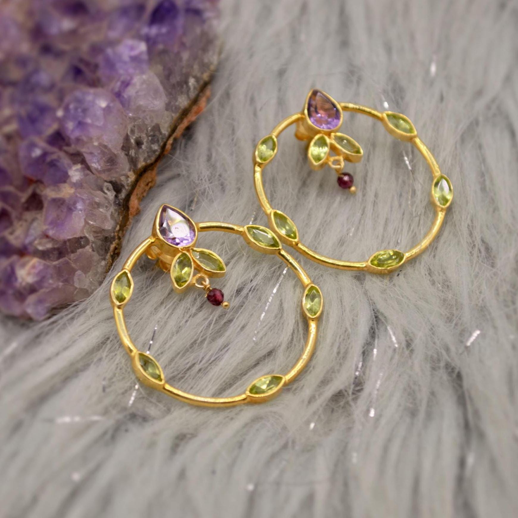 Amethyst, Peridot, Gold Hoop Earrings, Sterling Silver Drop Earrings, February, August Birthstone Earrings, Unique Peridot Jewelry