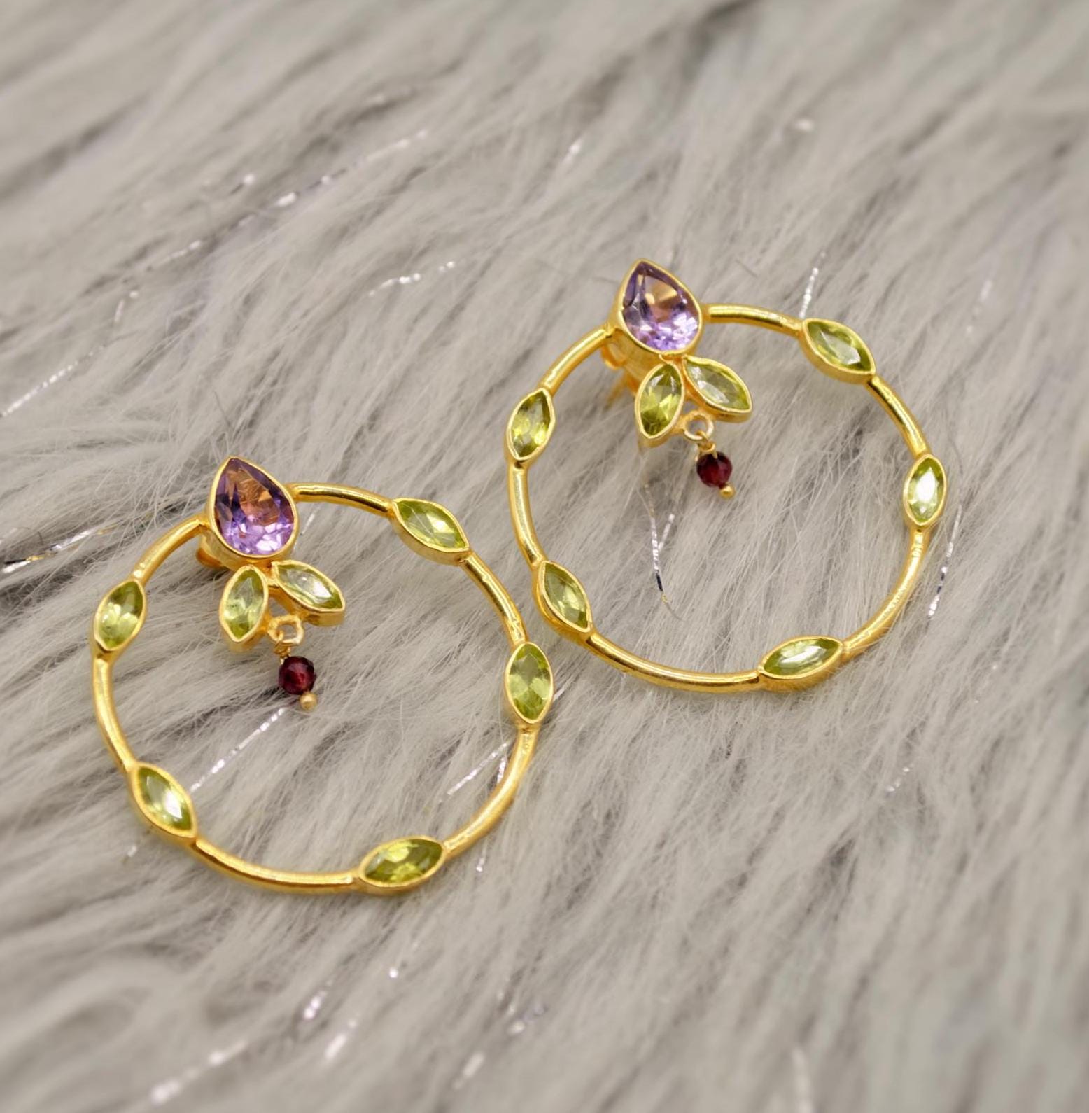 Amethyst, Peridot, Gold Hoop Earrings, Sterling Silver Drop Earrings, February, August Birthstone Earrings, Unique Peridot Jewelry