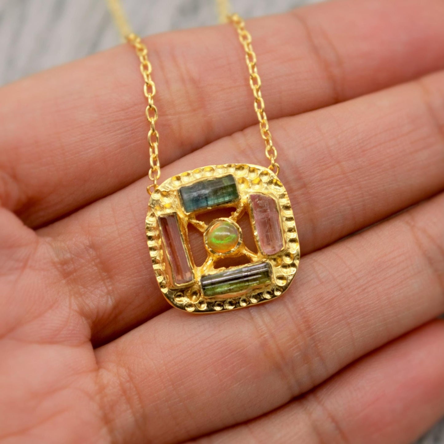 Green, Pink Tourmaline Gold Pendant Necklace, Square Silver Chain Necklace, Tourmaline Jewelry, October Birthstone, Necklace For Women