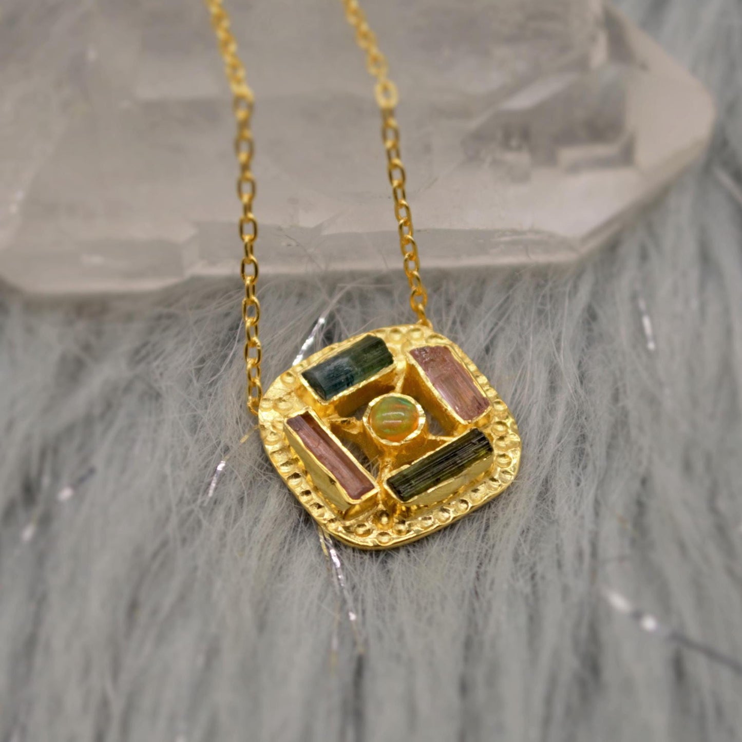 Green, Pink Tourmaline Gold Pendant Necklace, Square Silver Chain Necklace, Tourmaline Jewelry, October Birthstone, Necklace For Women