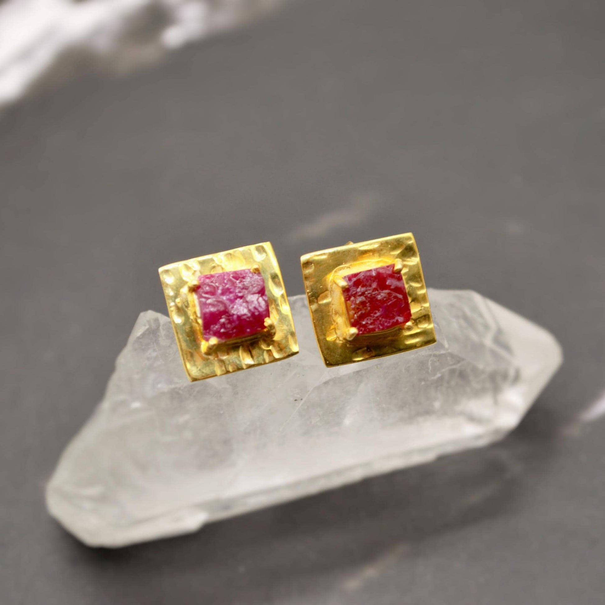 Raw Ruby Gold Studs, Sterling Silver Square Studs, Ruby Stud Earrings, Unique Ruby Jewelry, July Birthstone Earrings For Her, Red Earrings