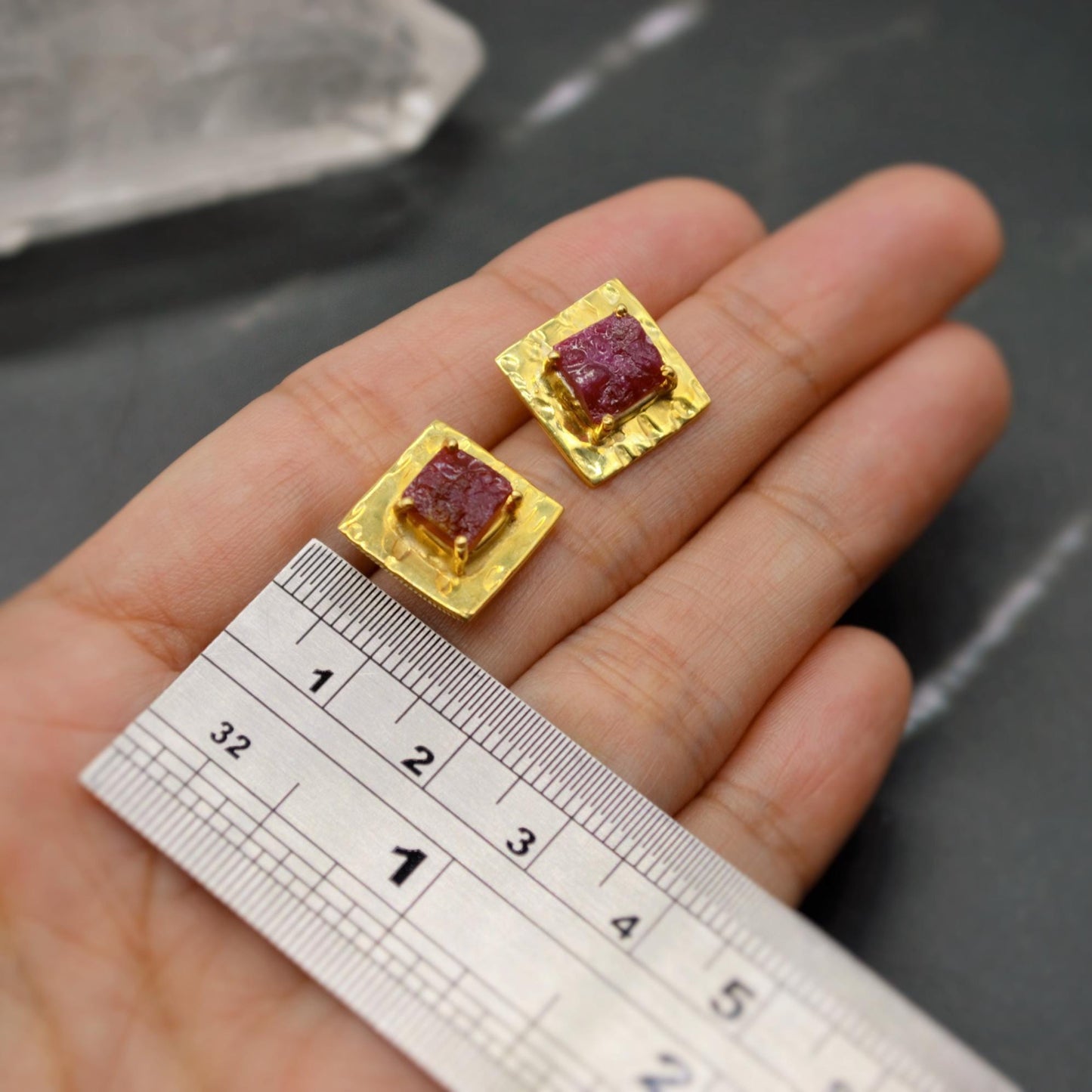 Raw Ruby Gold Studs, Sterling Silver Square Studs, Ruby Stud Earrings, Unique Ruby Jewelry, July Birthstone Earrings For Her, Red Earrings