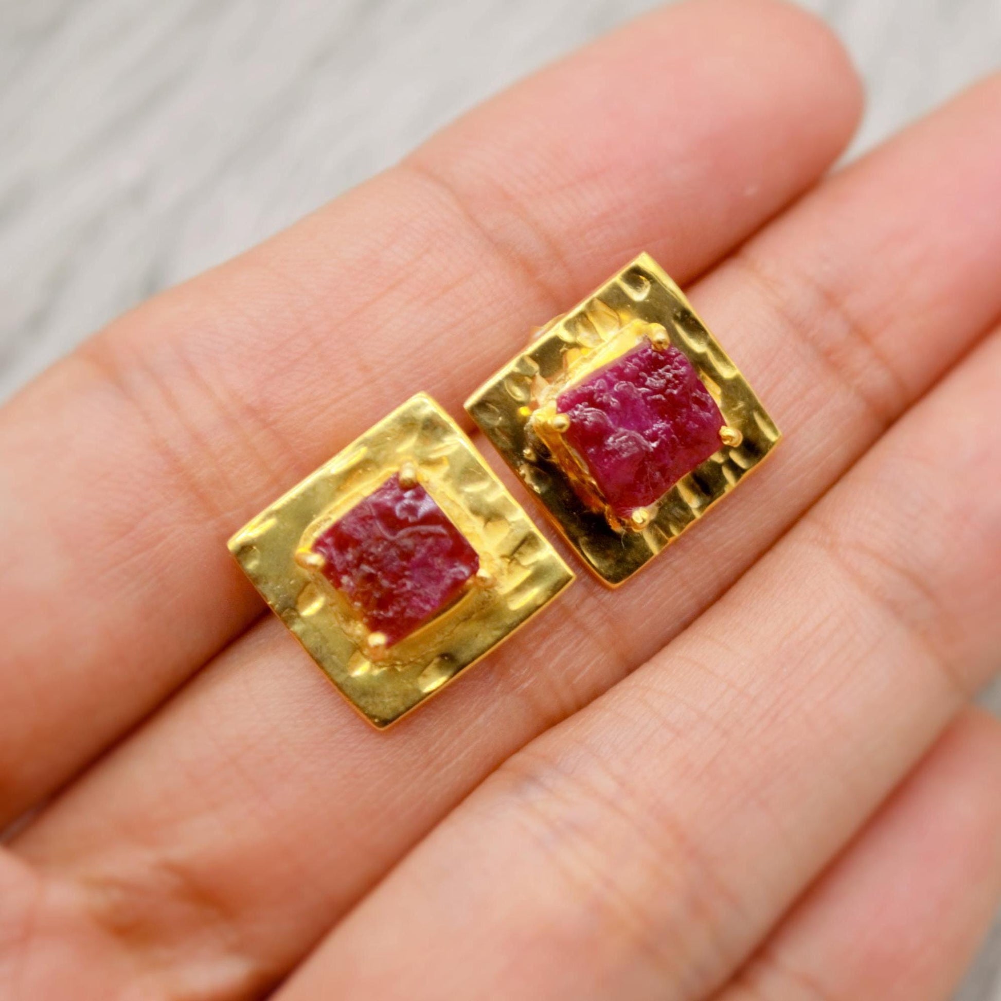 Raw Ruby Gold Studs, Sterling Silver Square Studs, Ruby Stud Earrings, Unique Ruby Jewelry, July Birthstone Earrings For Her, Red Earrings