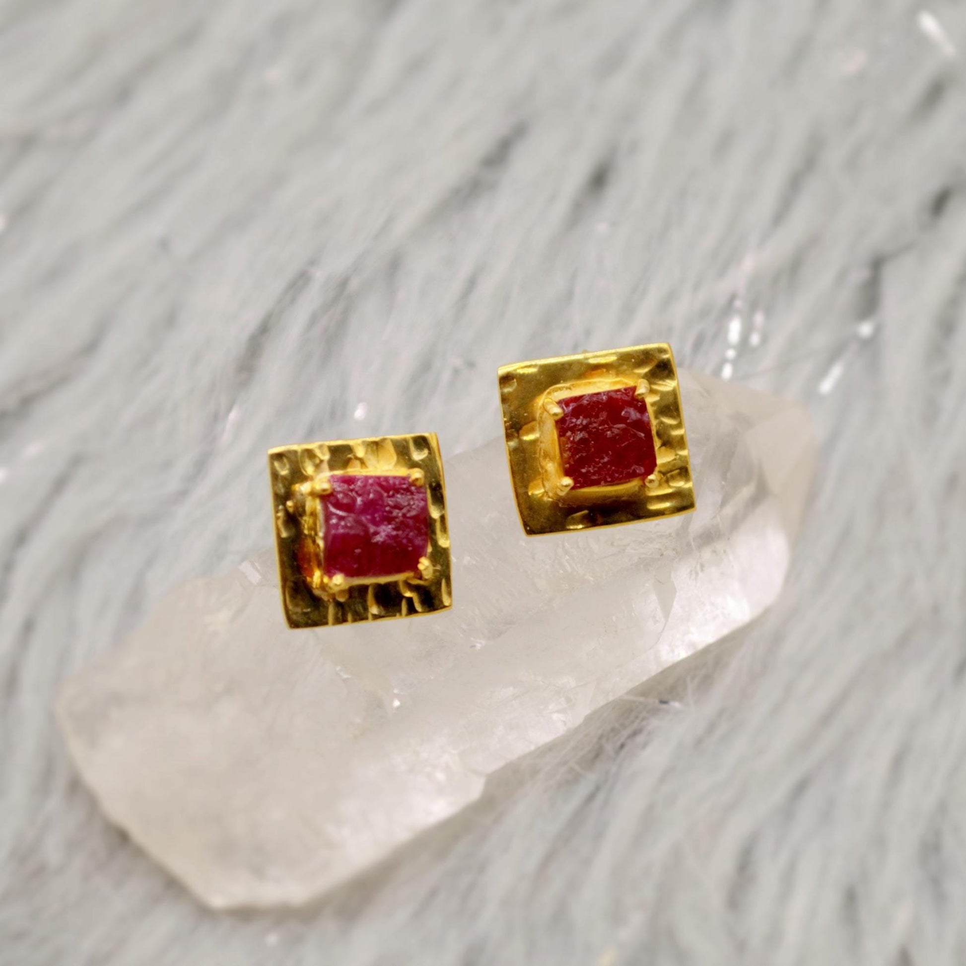 Raw Ruby Gold Studs, Sterling Silver Square Studs, Ruby Stud Earrings, Unique Ruby Jewelry, July Birthstone Earrings For Her, Red Earrings