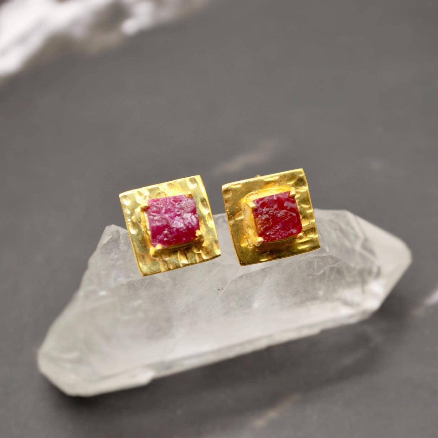 Raw Ruby Gold Studs, Sterling Silver Square Studs, Ruby Stud Earrings, Unique Ruby Jewelry, July Birthstone Earrings For Her, Red Earrings