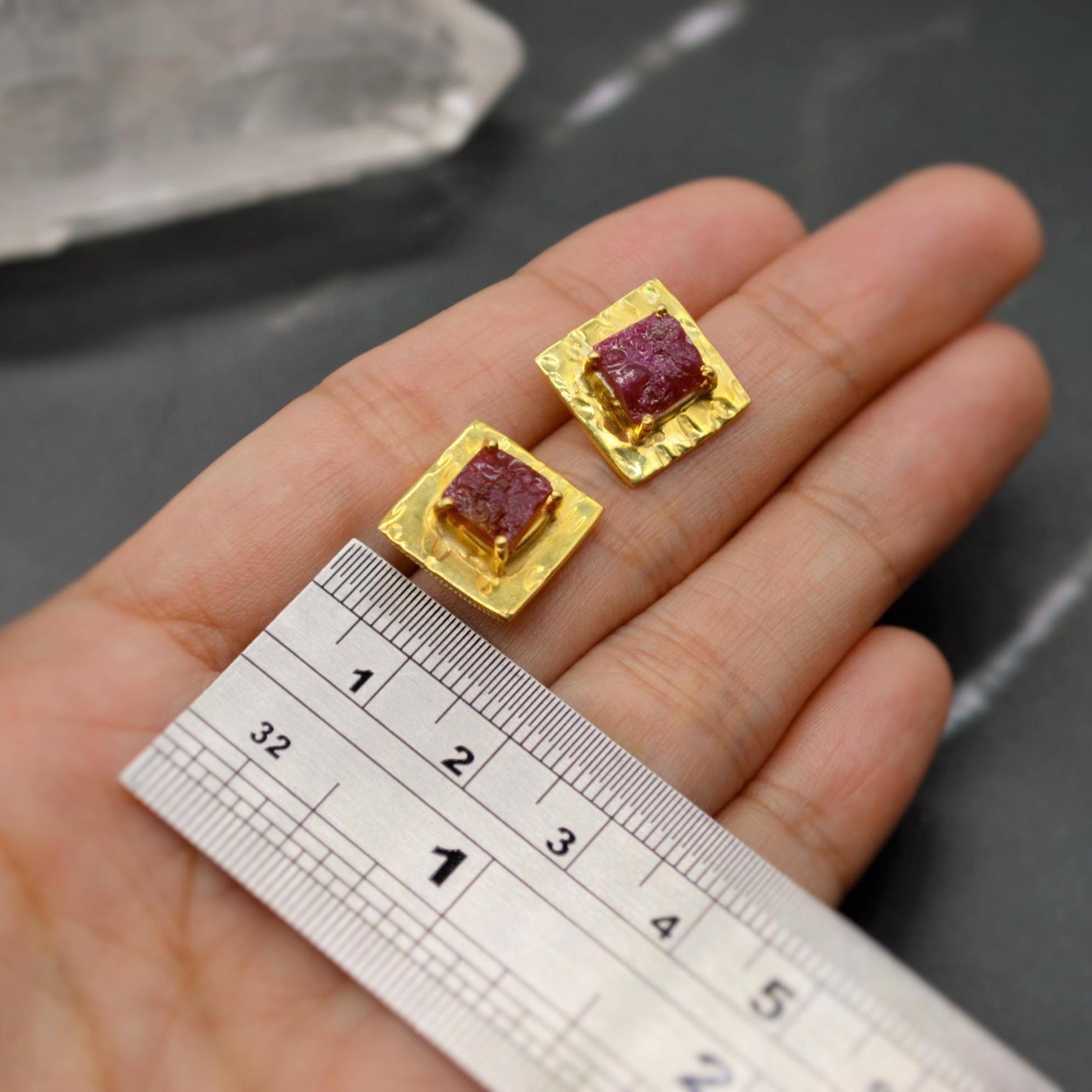 Raw Ruby Gold Studs, Sterling Silver Square Studs, Ruby Stud Earrings, Unique Ruby Jewelry, July Birthstone Earrings For Her, Red Earrings