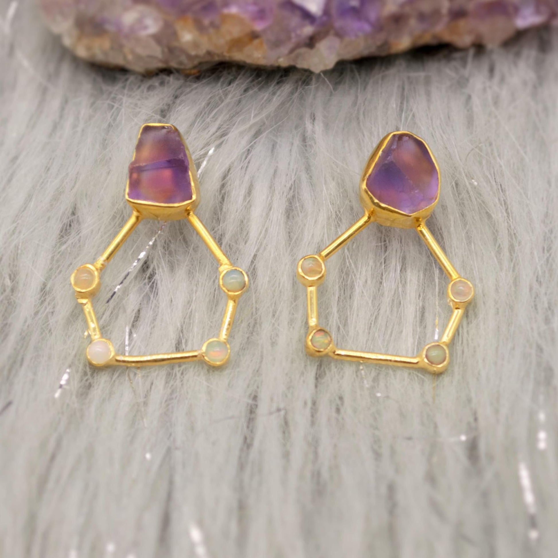 Raw Amethyst, Opal Gold Earrings, Pentagon Sterling Silver Earrings, February, October Birthstone Earrings, Amethyst Jewelry