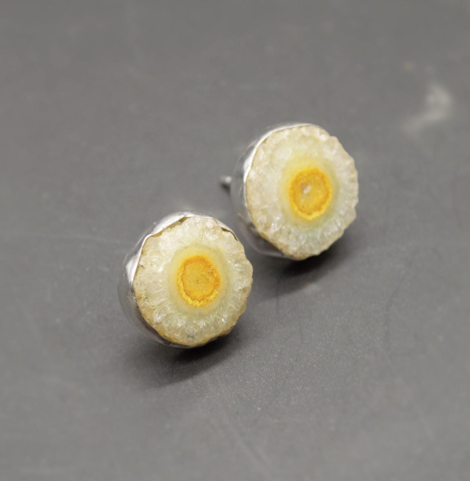 Yellow Druzy Agate Silver Stud Earrings Set, Gemstone Studs, Sterling Silver Dainty Studs, Minimalist Earrings, Gifts For Her