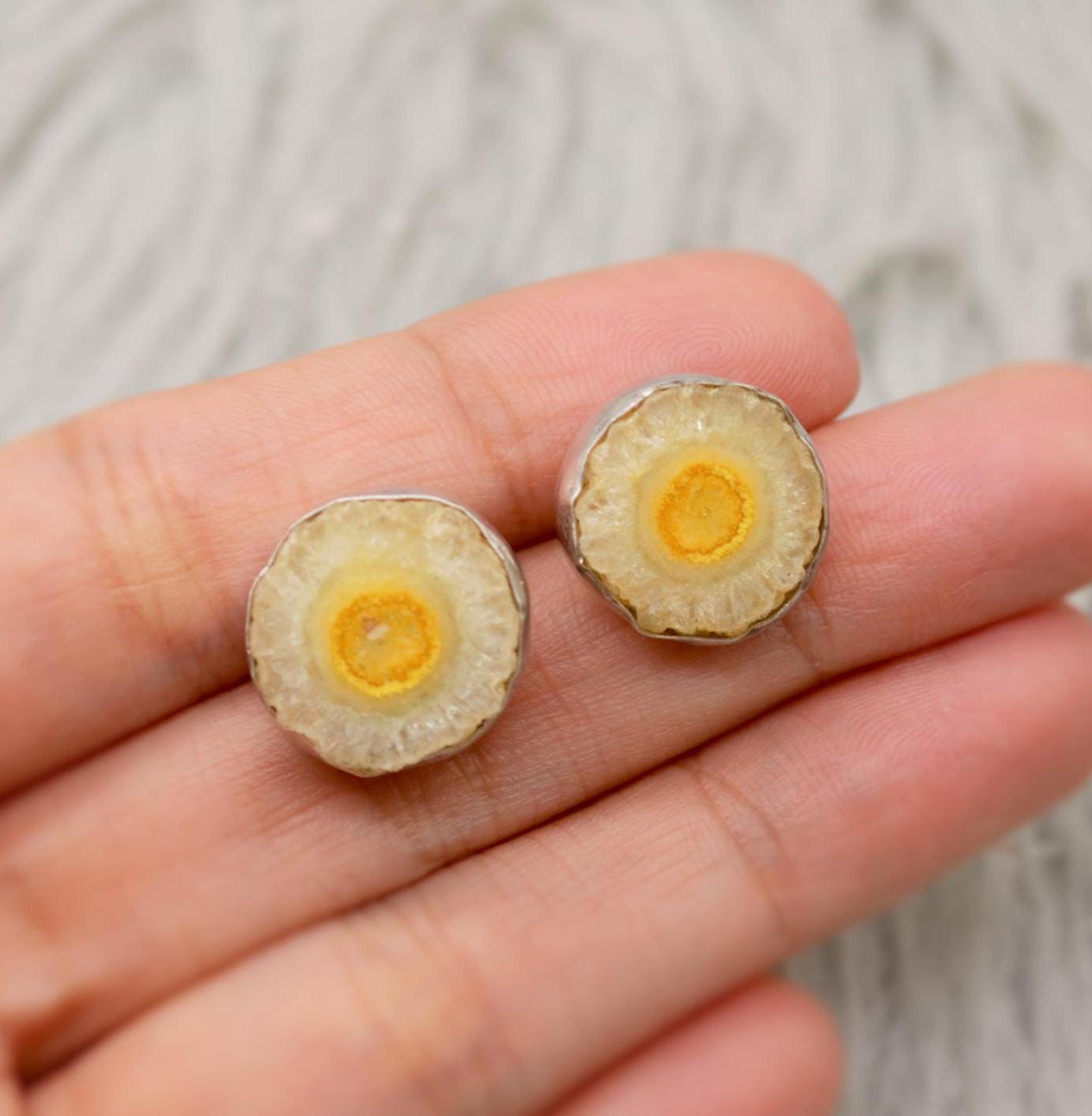 Yellow Druzy Agate Silver Stud Earrings Set, Gemstone Studs, Sterling Silver Dainty Studs, Minimalist Earrings, Gifts For Her