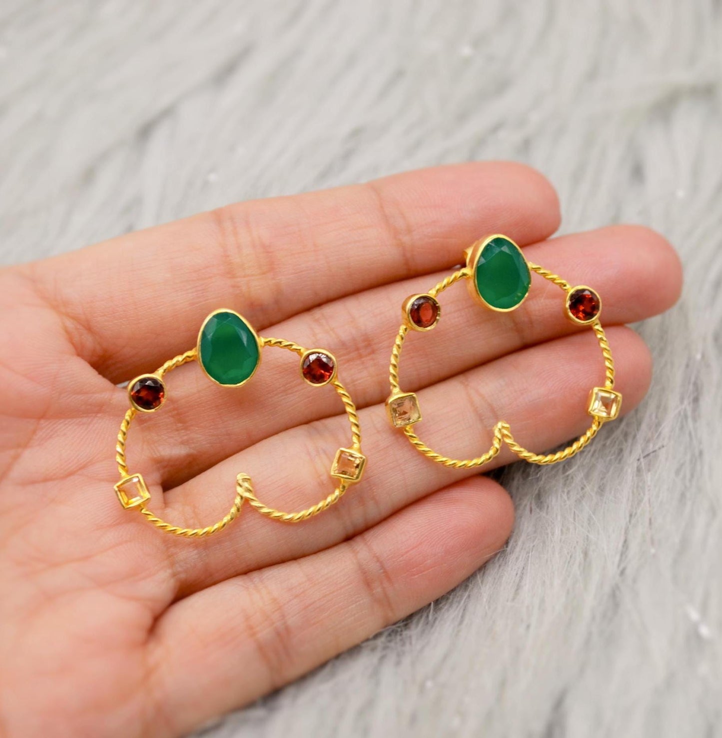 Green Onyx, Garnet, Citrine Hoop Earrings, Gold Earrings, Sterling Silver Gemstone Earrings, January, November Birthstone Earrings